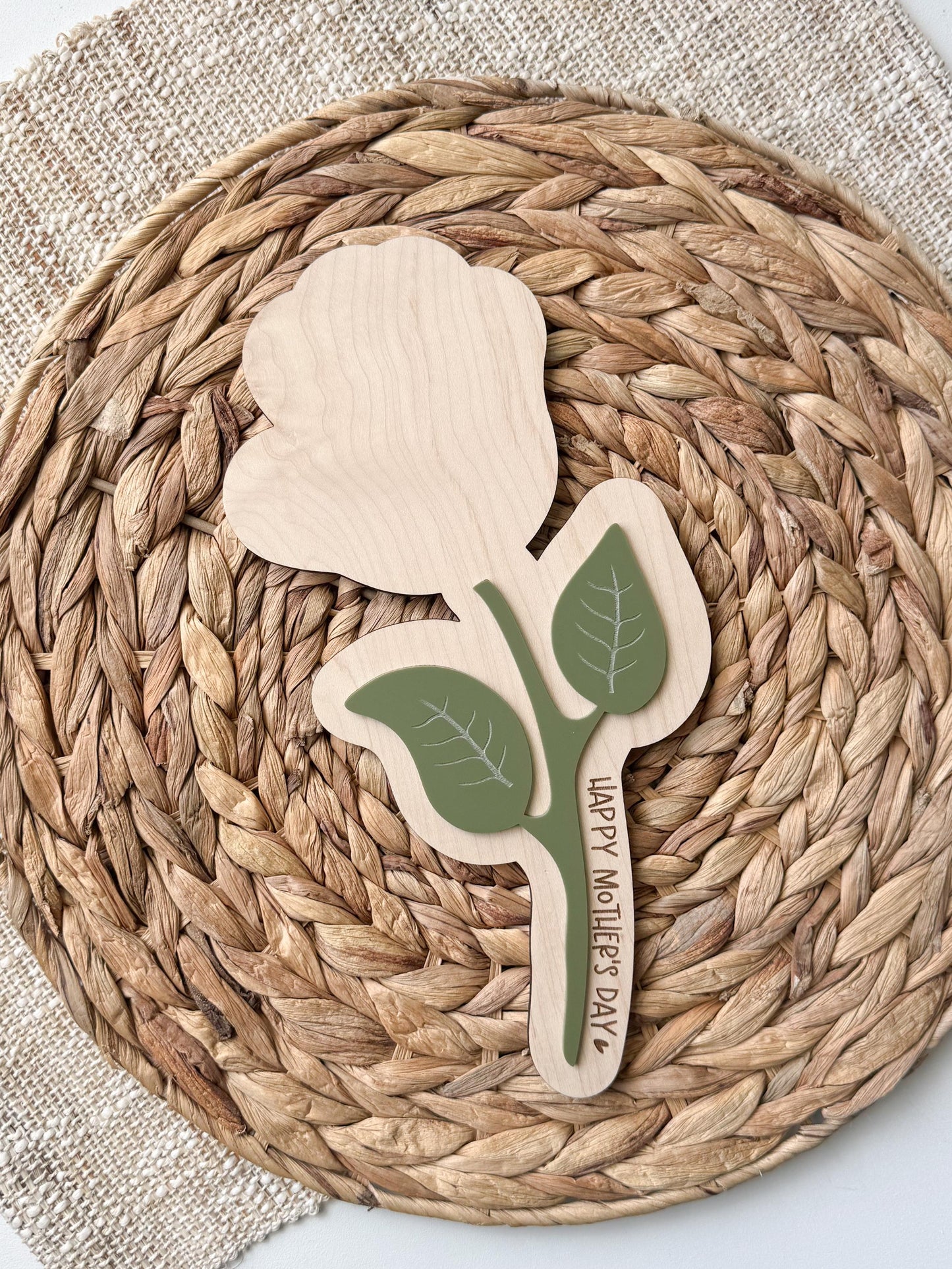 Laser cut maple wood mothers day handprint flower with layered acrylic leaf accents