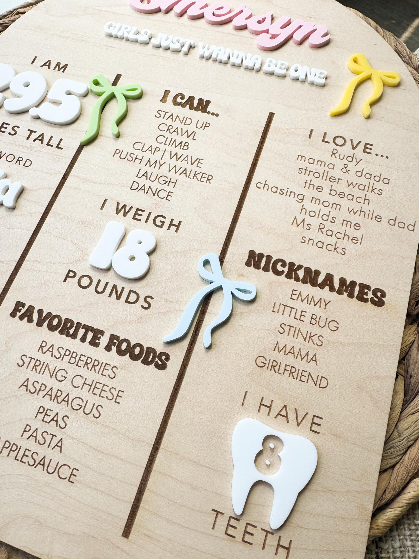 Close-up of bow theme first birthday milestone board with personalized name and baby stats