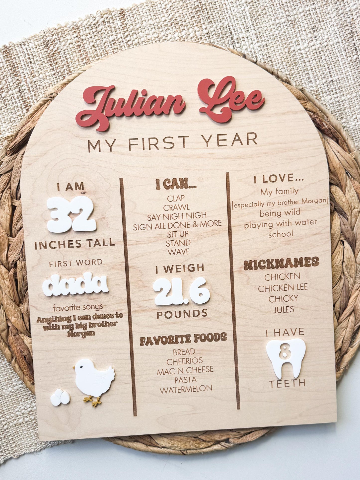 Baby first year milestone board showing personalized name, height, weight, and favorite things
