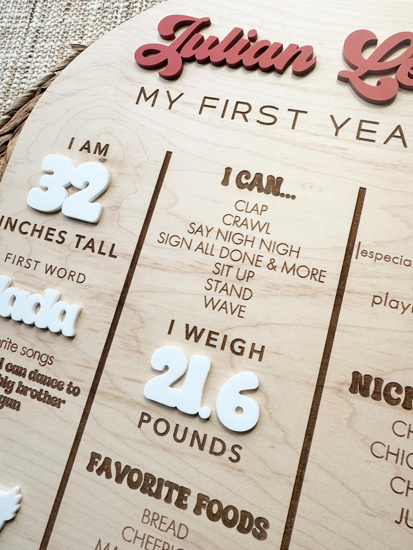 First birthday milestone board displaying baby milestones including height weight and favorite foods