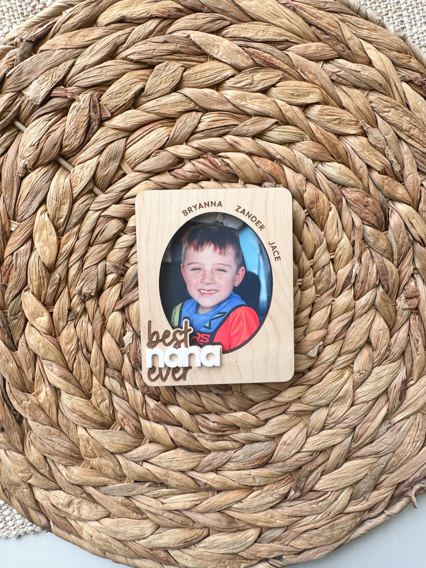 Personalized best nana photo frame visor clip made from maple wood with family names engraved