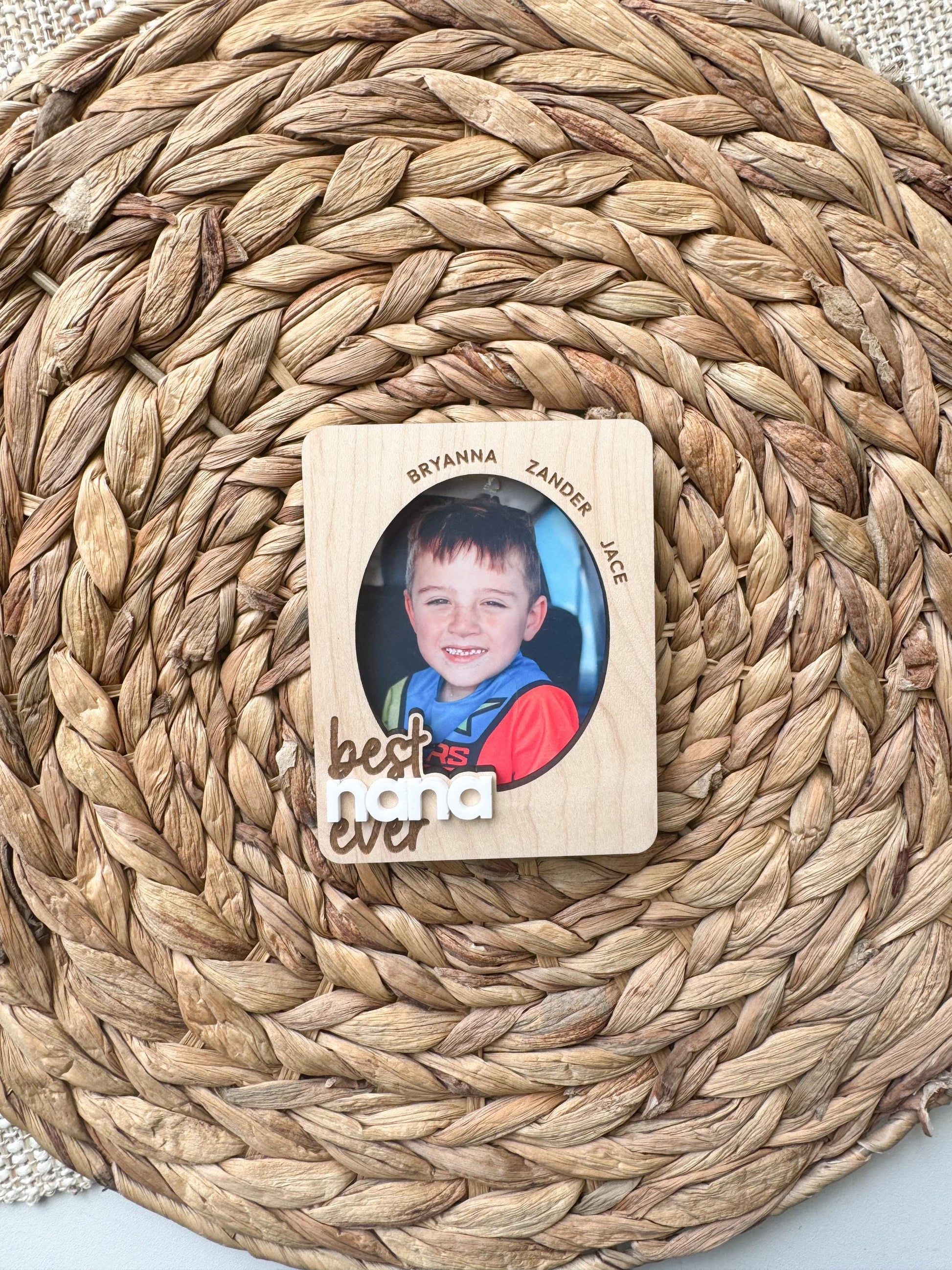 Personalized best nana photo frame visor clip made from maple wood with family names engraved