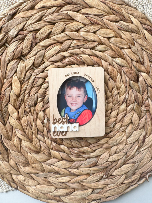 Personalized best nana photo frame visor clip made from maple wood with family names engraved