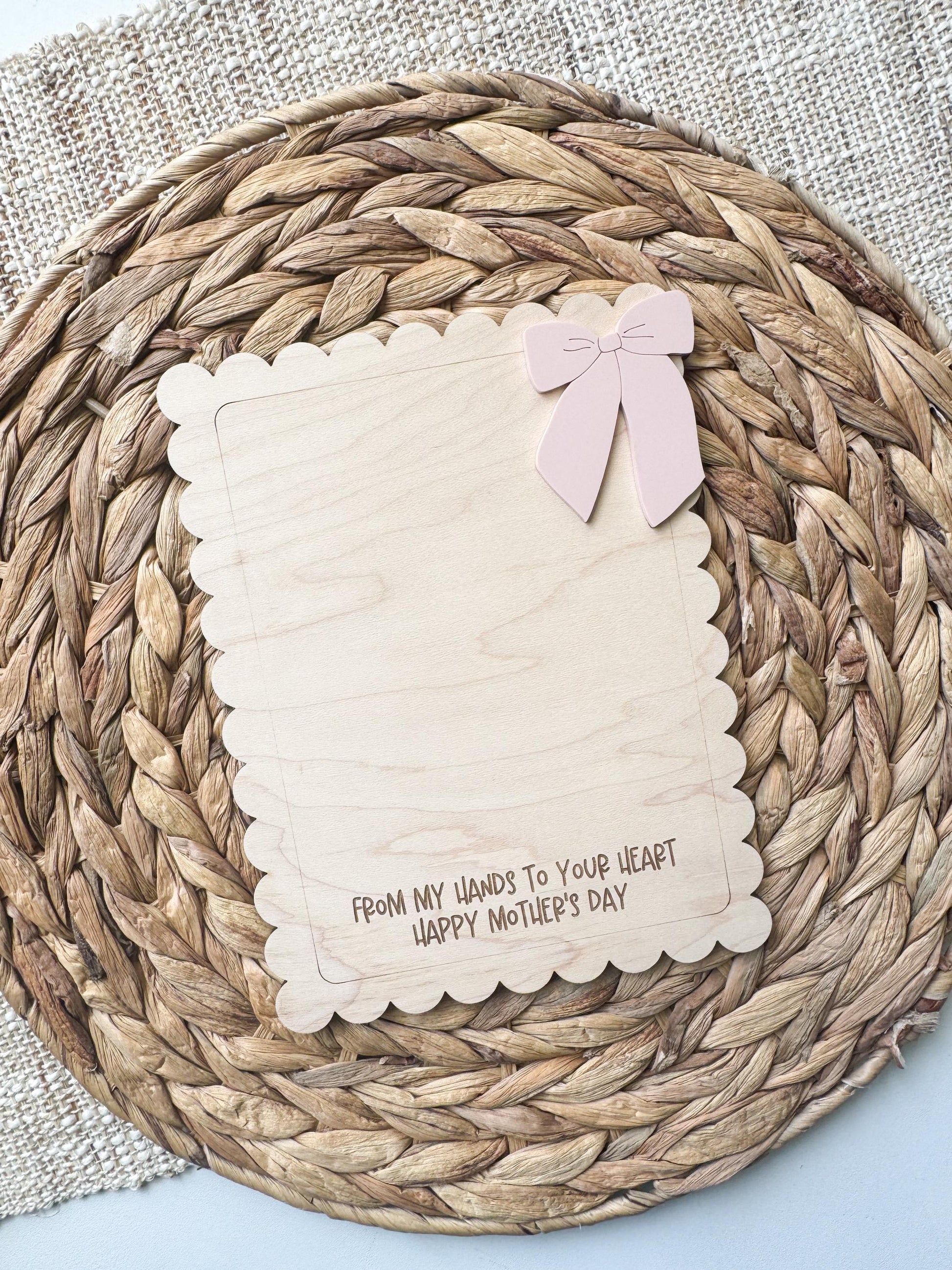 Personalized bow handprint sign for Mom or Nana, maple wood Mother's Day keepsake from kids