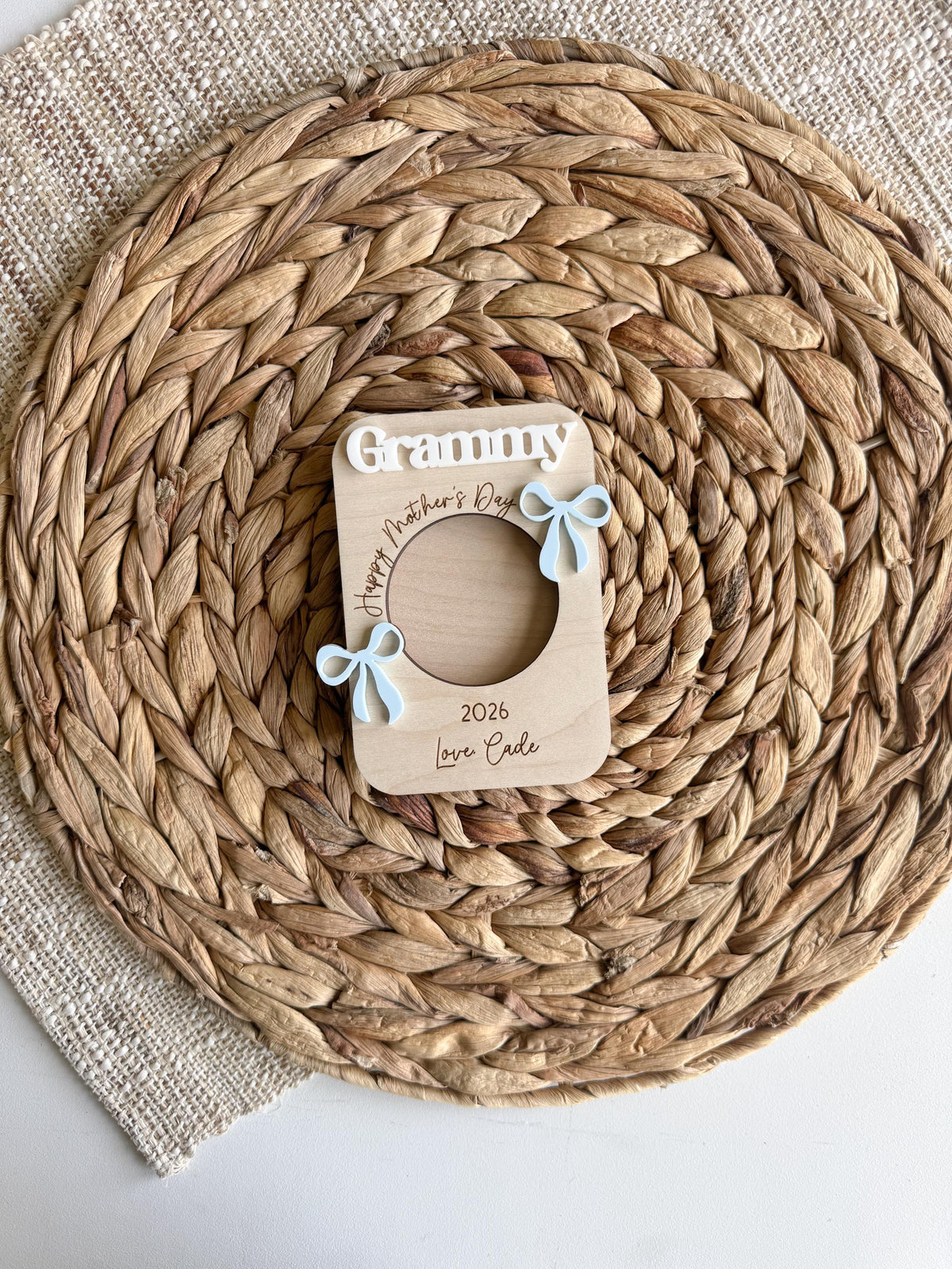 Wood photo frame magnet with bow accents and engraved custom text for grandma gift
