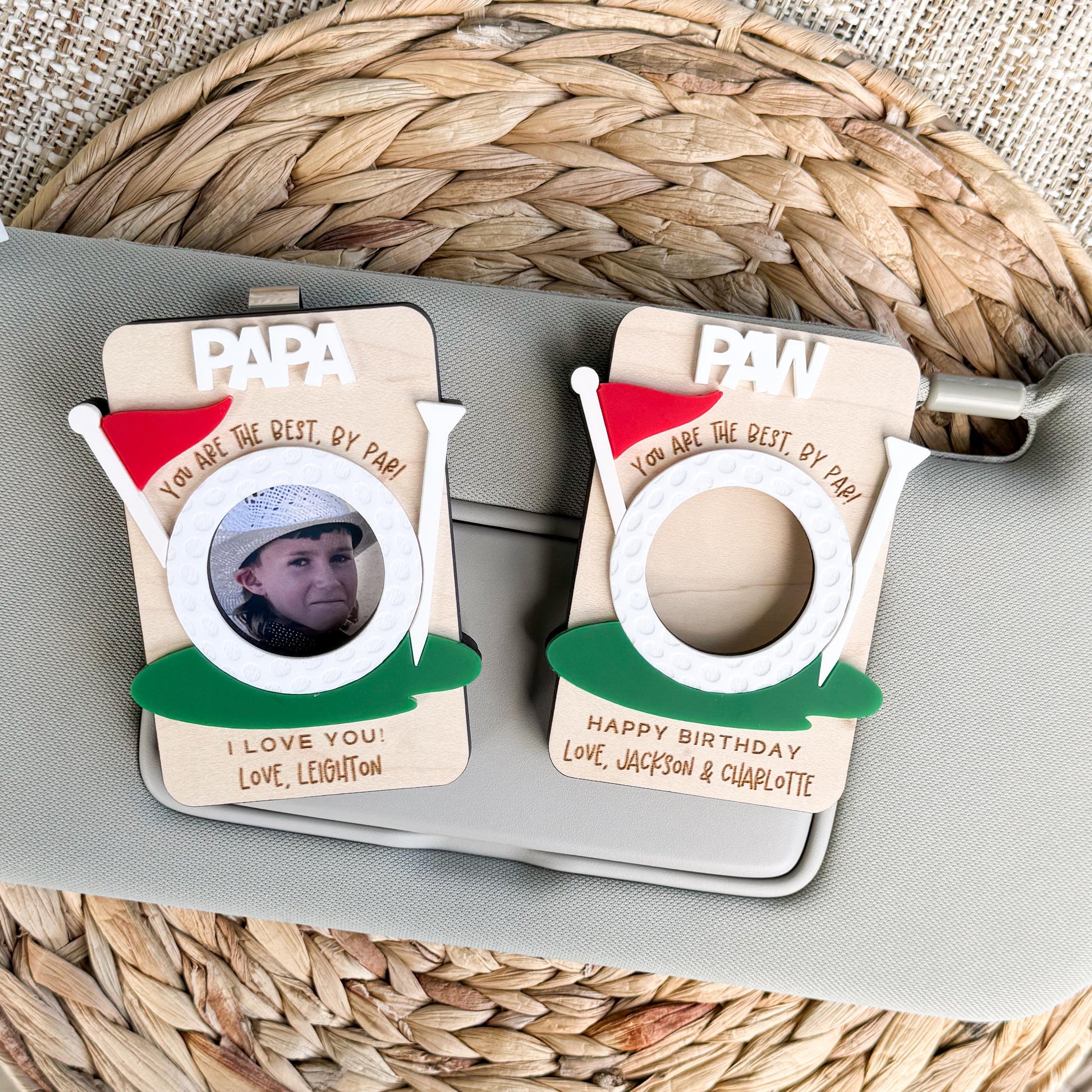 Personalized Father's Day Gift for Dad, Photo Car Visor Clip & Fridge Magnet, Custom Wood Picture Frame for Grandpa Papa from Kids