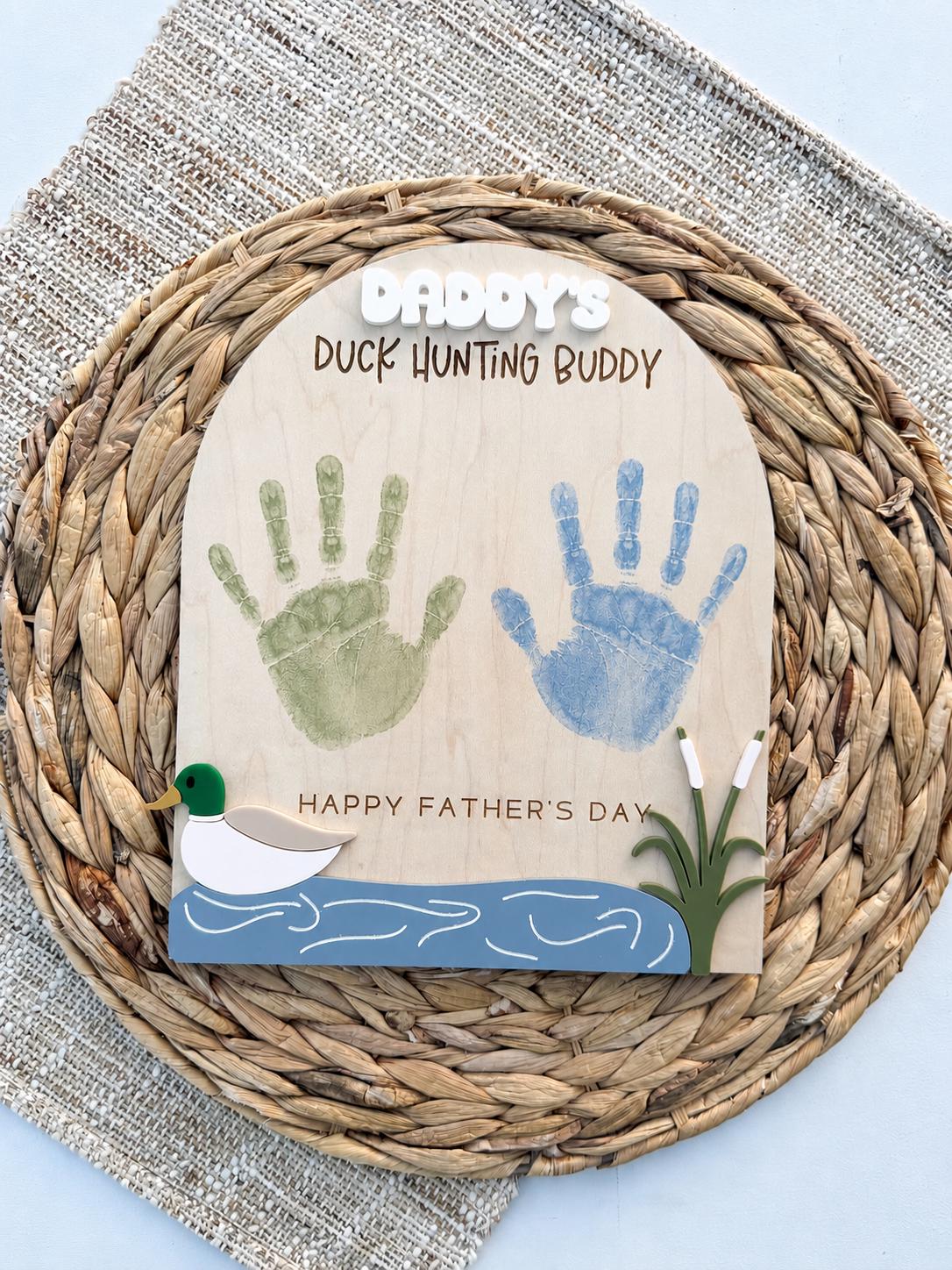 Duck hunting handprint sign for Dad in maple wood, personalized Father's Day keepsake from kids