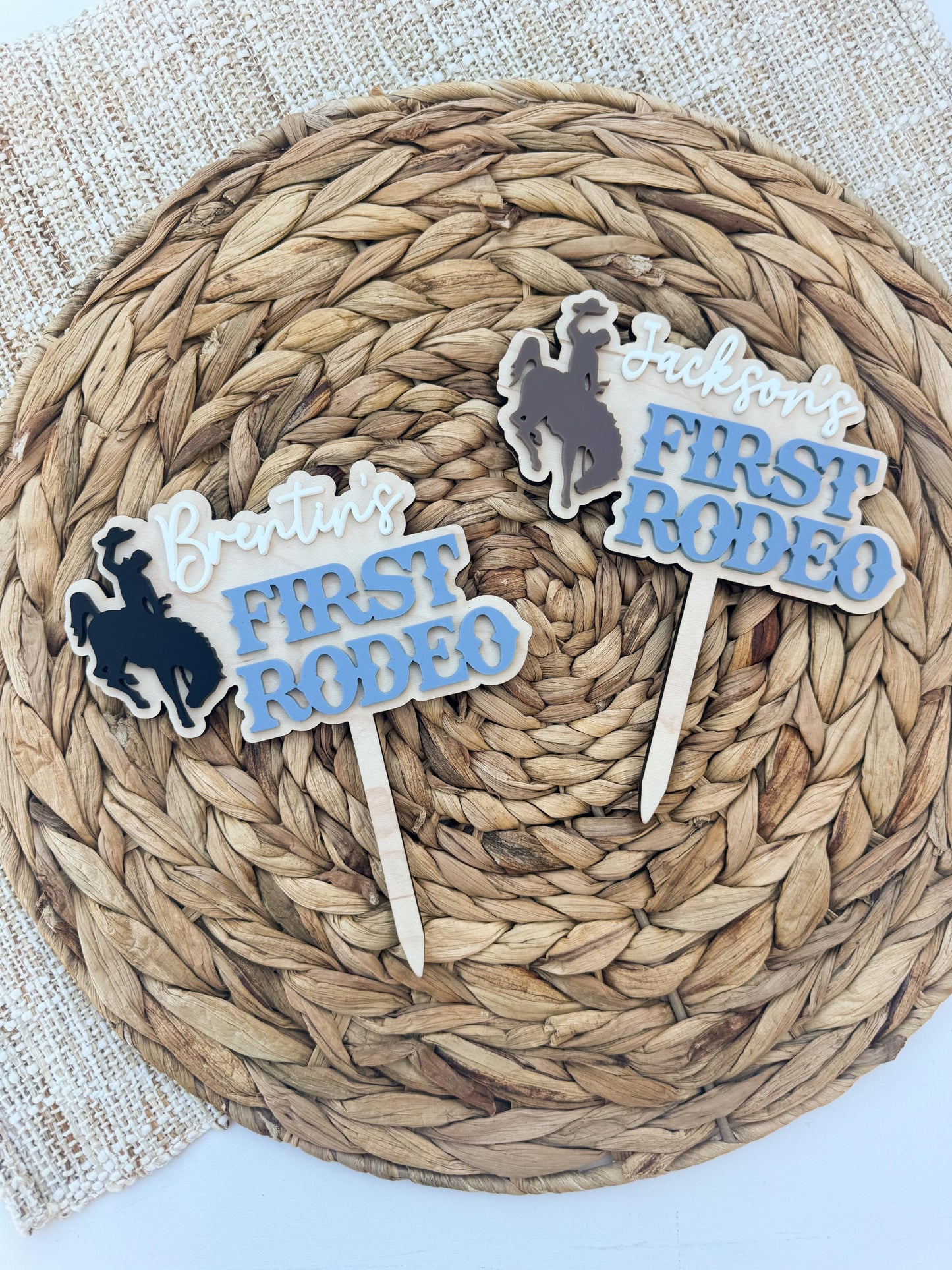 Personalized First Rodeo western birthday topper showing cowboy theme and custom name