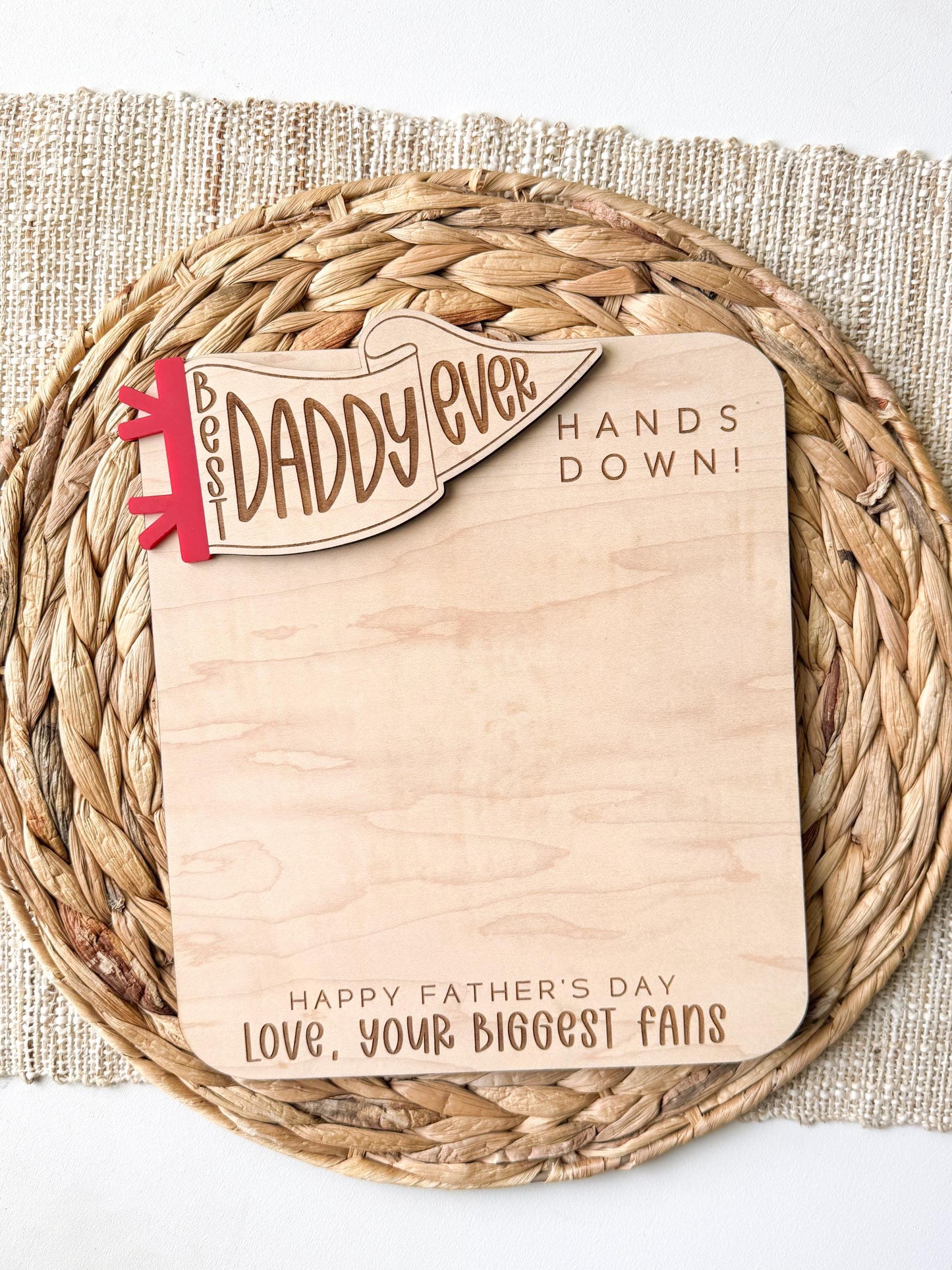 Father’s Day handprint keepsake sign with custom engraved message and acrylic flag