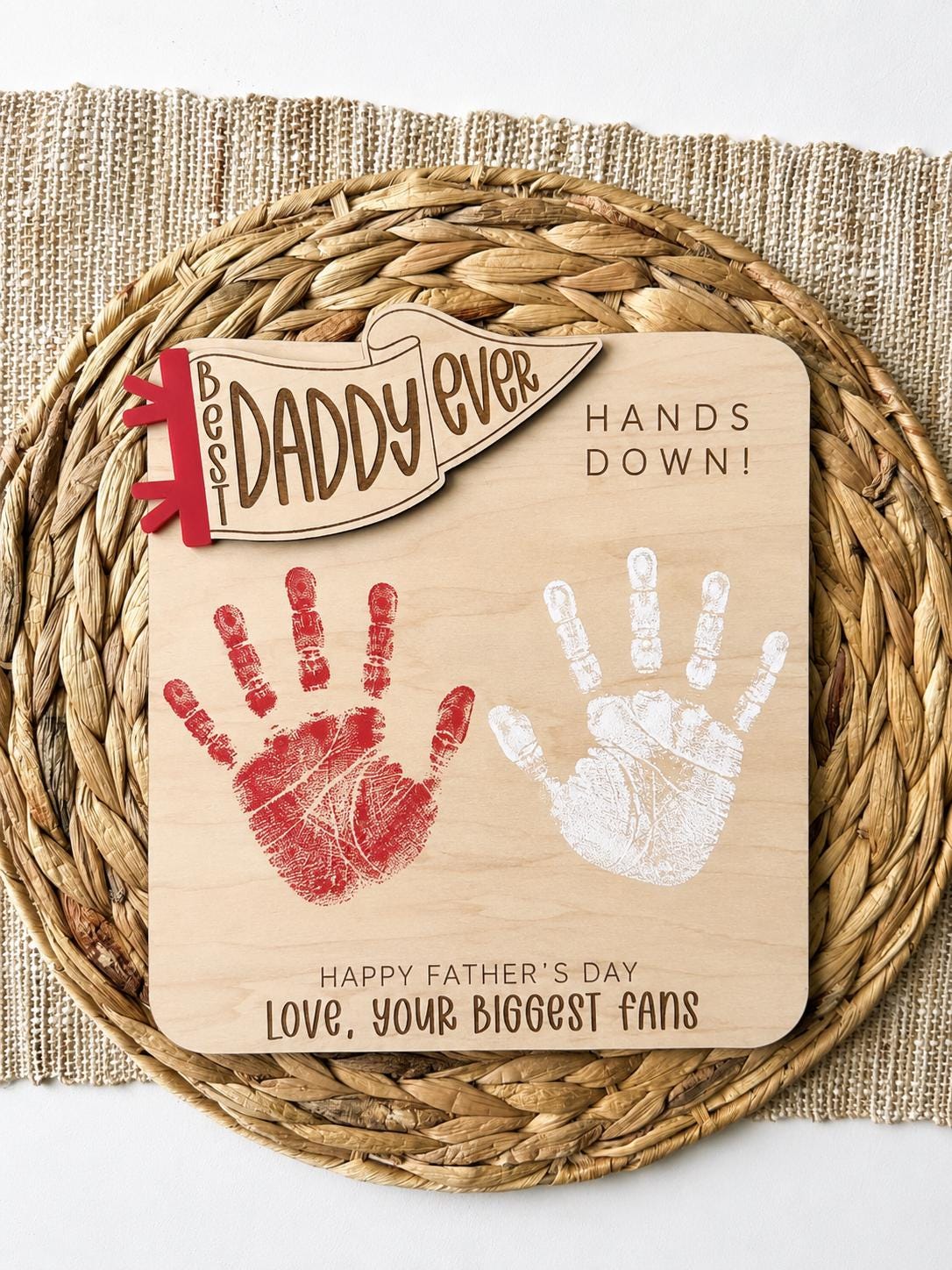 Personalized Dad handprint plaque with red best daddy ever pennant flag and maple wood