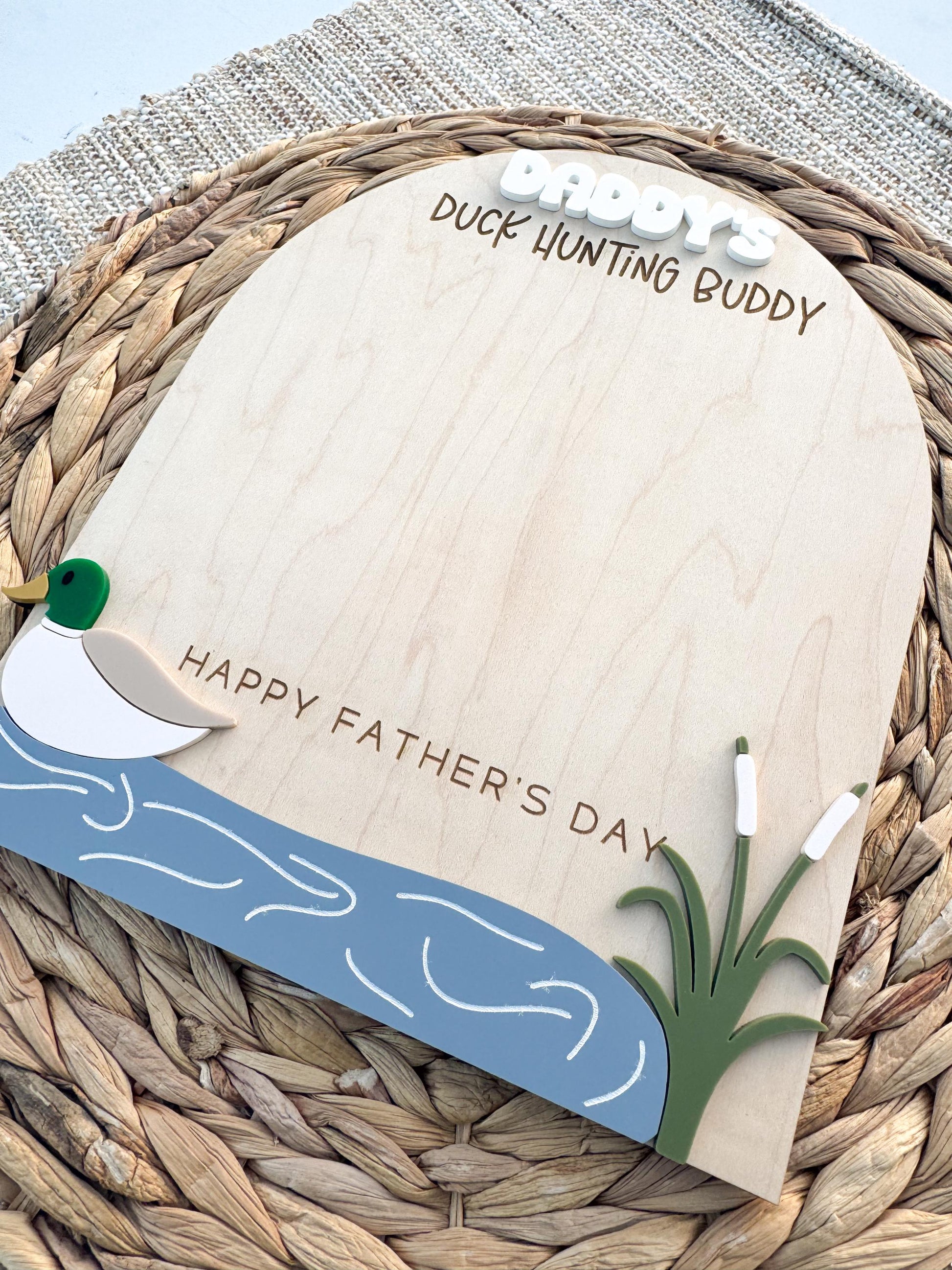 Close-up of duck hunting handprint sign showing personalized name and hunting design