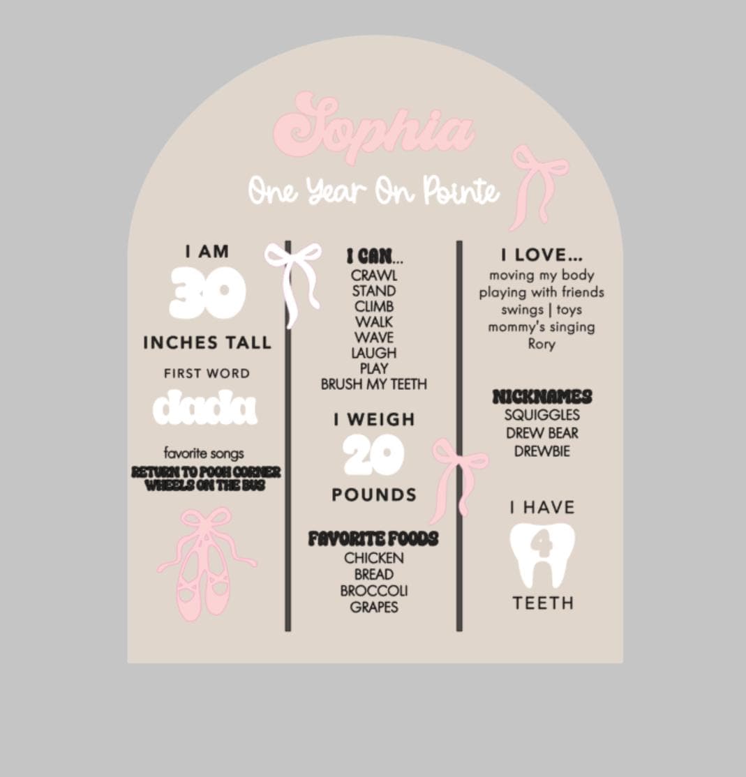 Personalized ballerina first birthday milestone board in maple wood with baby stats, 1st year party