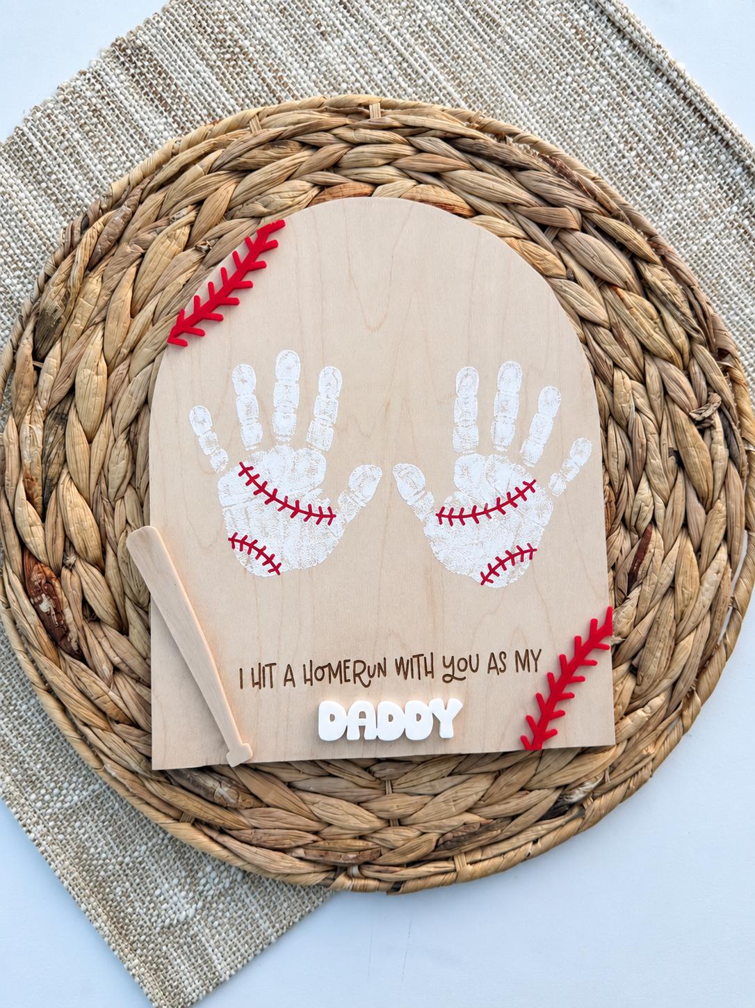 Baseball handprint sign for Dad in maple wood with wooden bat and red stitch acrylic accents