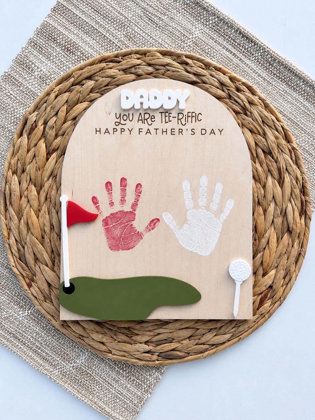 Golf handprint plaque for Dad with layered acrylic golf flag and putting green accents