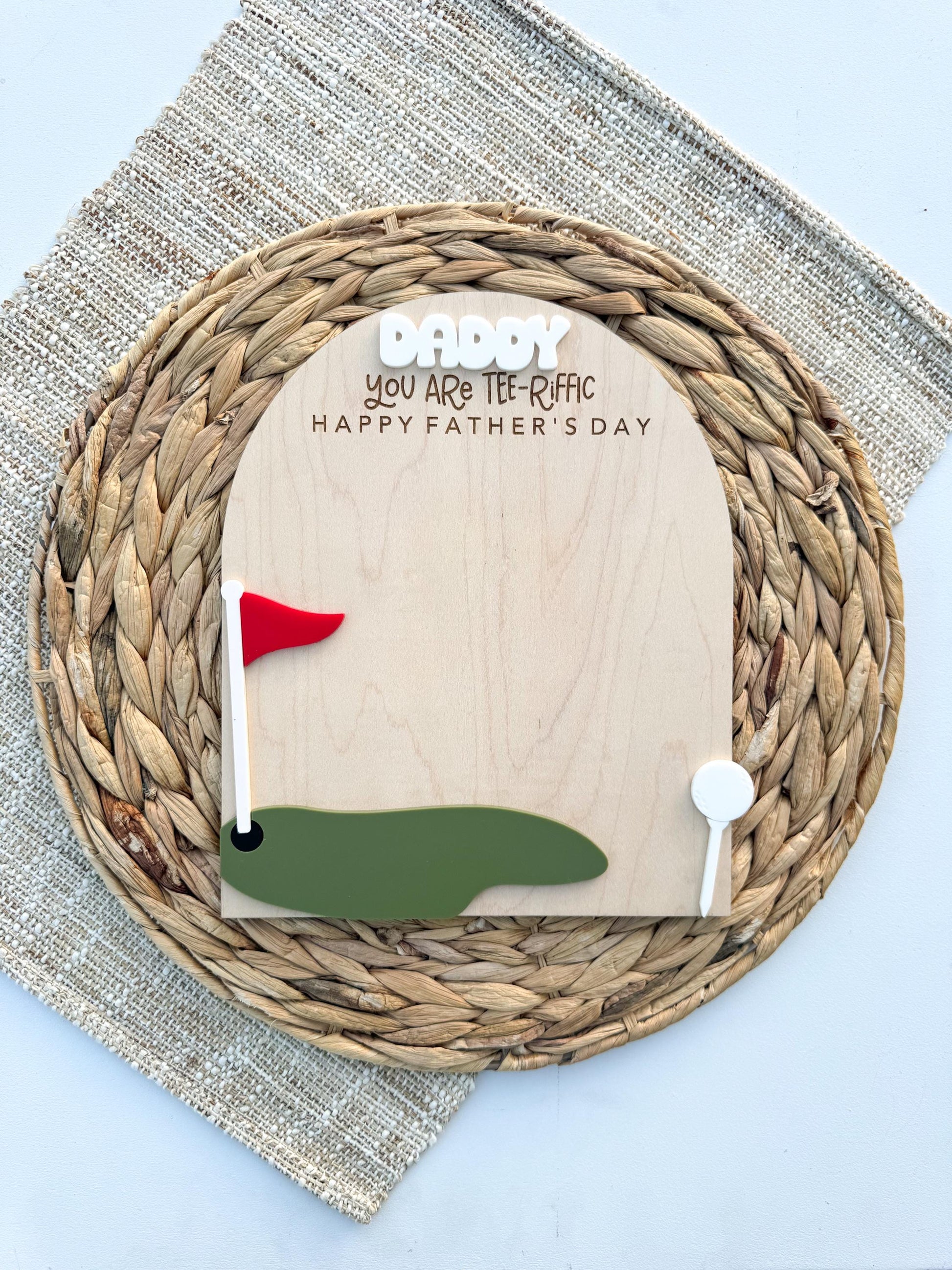 Personalized Father’s Day golf keepsake with child handprints on maple wood plaque