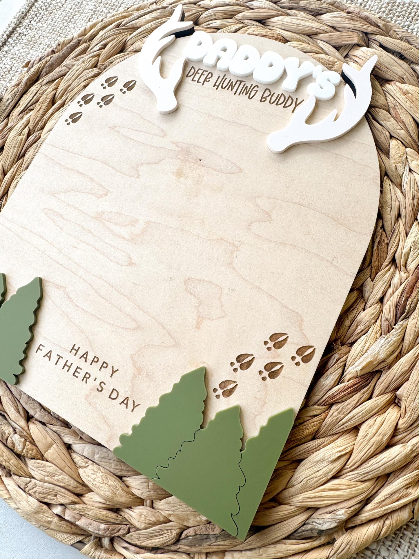 Personalized deer hunting keepsake sign with child handprints on maple wood plaque
