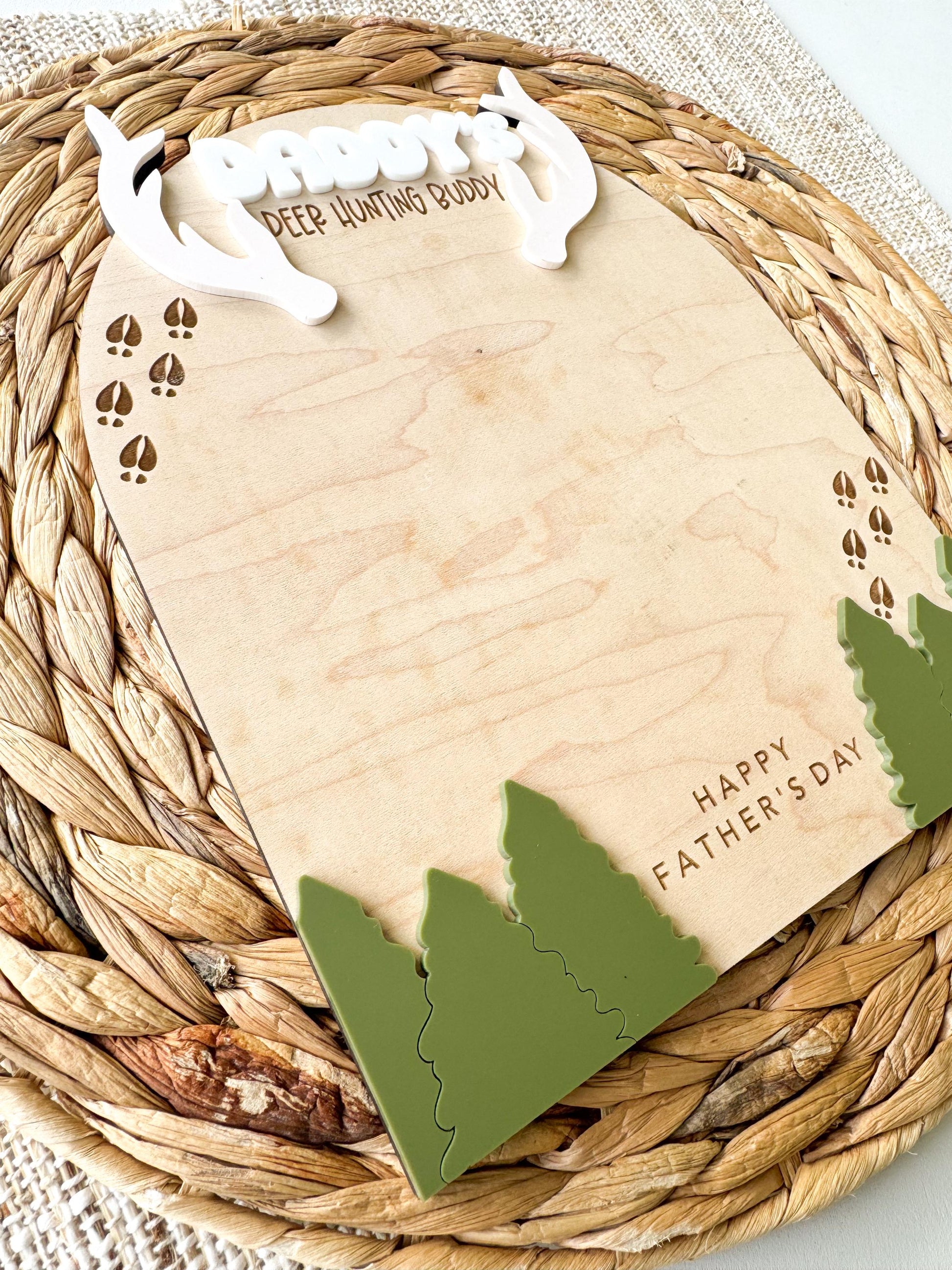 Maple wood hunting handprint keepsake displayed on woven neutral background