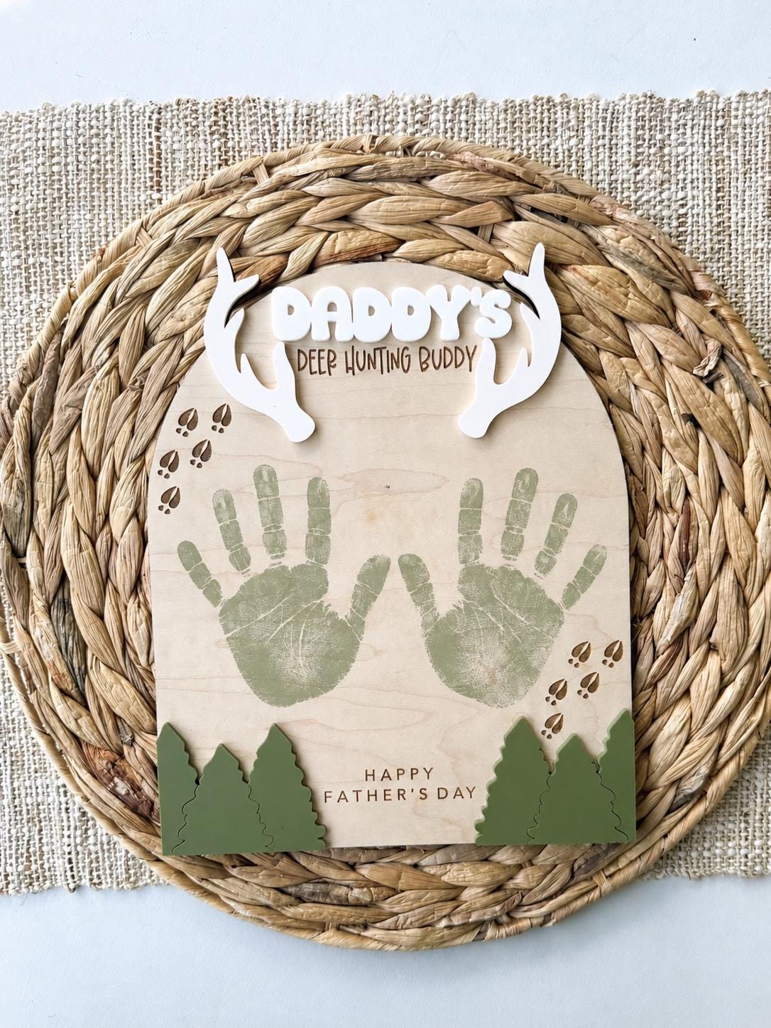Hunting handprint plaque for Dad with white antlers, pine trees, and deer track accents