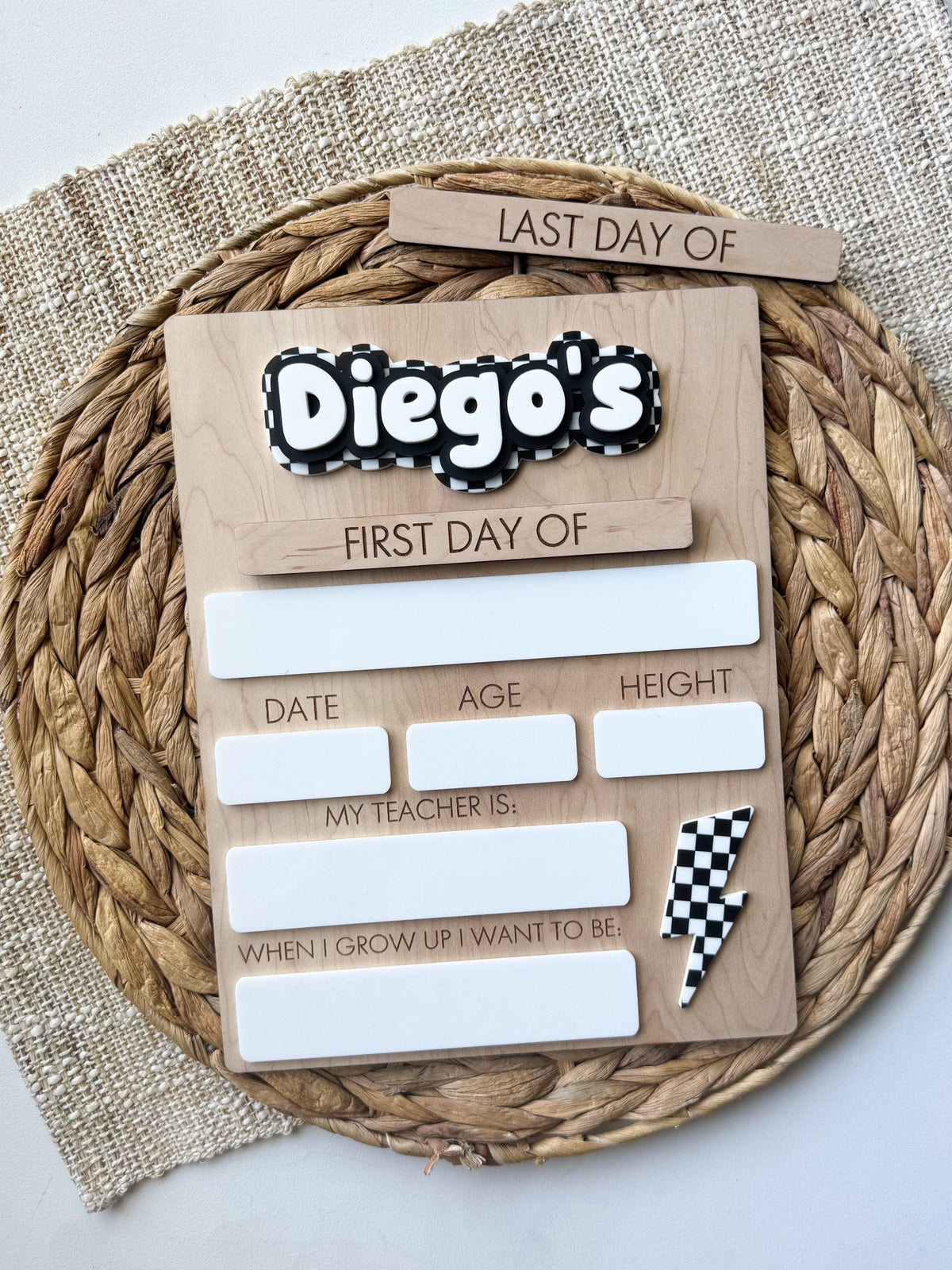 lightning checkerboard first and last day of school sign with personalized name cutout, maple wood reusable dry erase back to school board