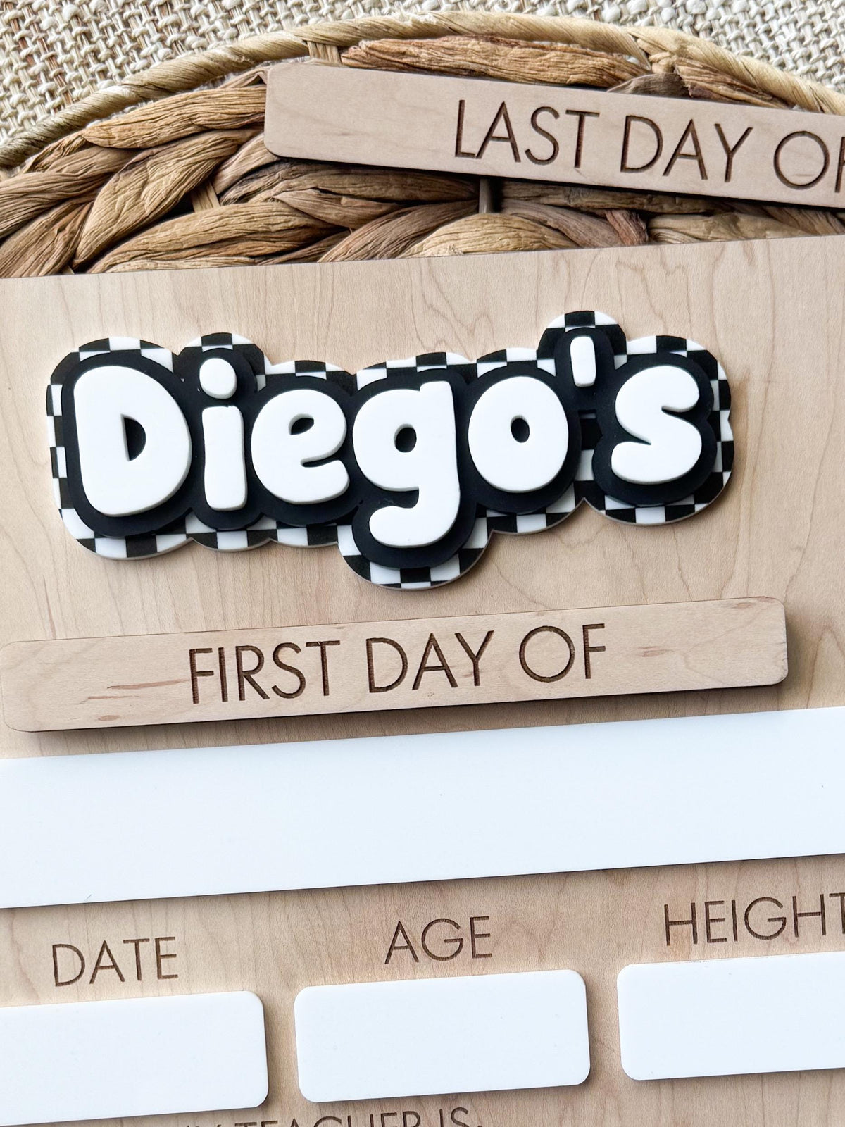 3D layered acrylic nameplate on lightning checkerboard back to school sign, personalized name on maple wood first and last day board with dry erase fields