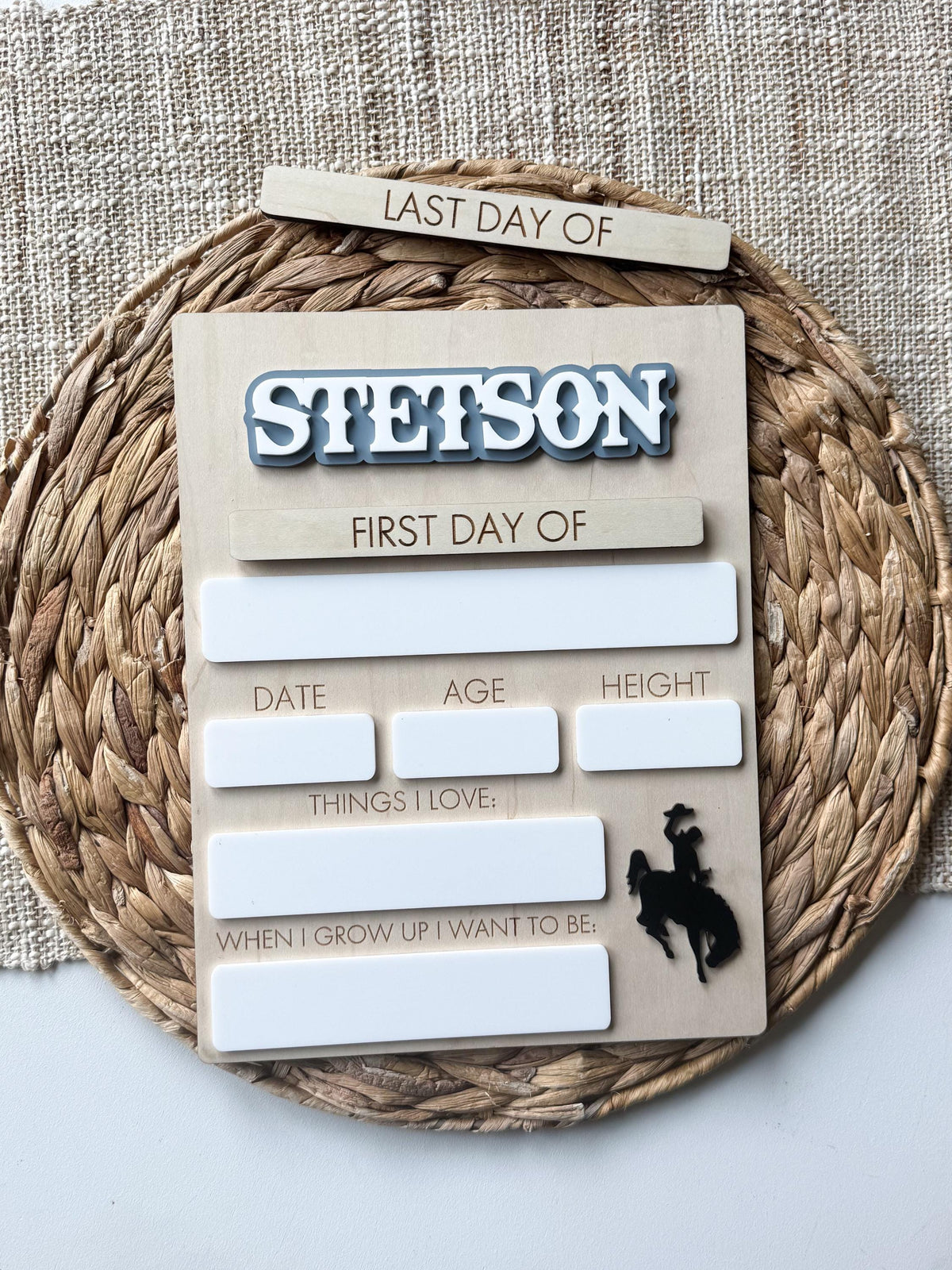 Full view of reusable first and last day school sign with personalized layered acrylic name and dry erase writing areas.