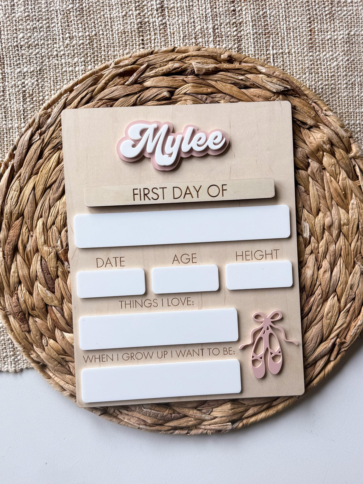 Personalized ballet back to school sign with layered acrylic name, ballet slipper accent, and reusable dry erase writing spaces.