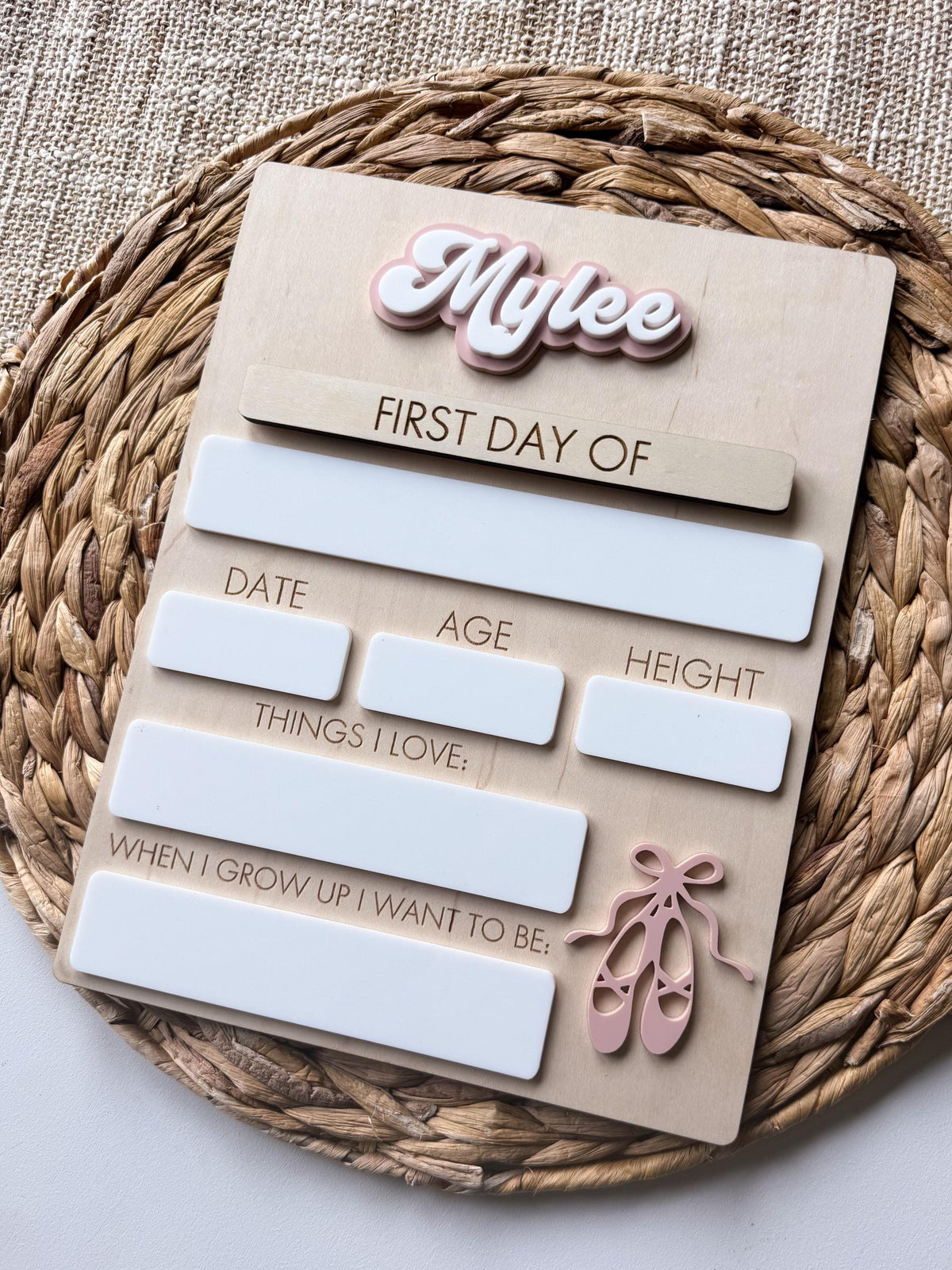 Handmade first and last day school sign with personalized layered acrylic name and reusable dry erase writing spaces.