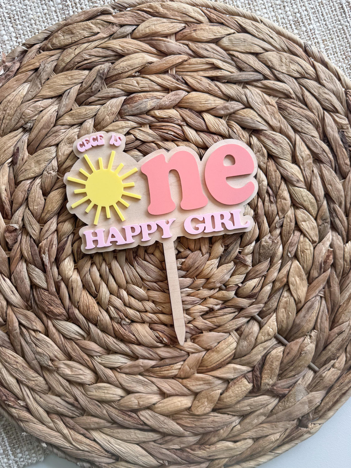 Personalized One Happy Girl sunshine cake topper with custom name and layered maple wood and acrylic.