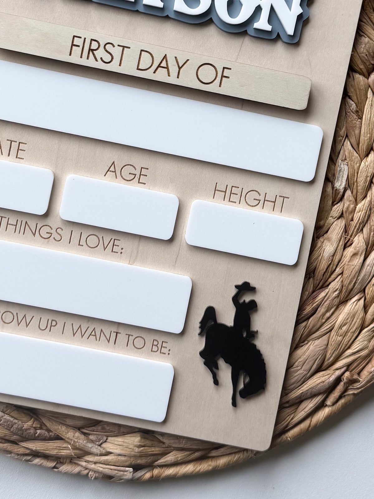 Close-up of personalized school milestone board highlighting spaces for age, height, favorite things, and future career.