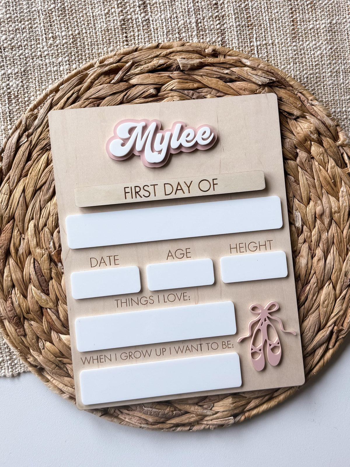 Personalized first day school board for dancers with layered acrylic name and reusable dry erase milestone sections.