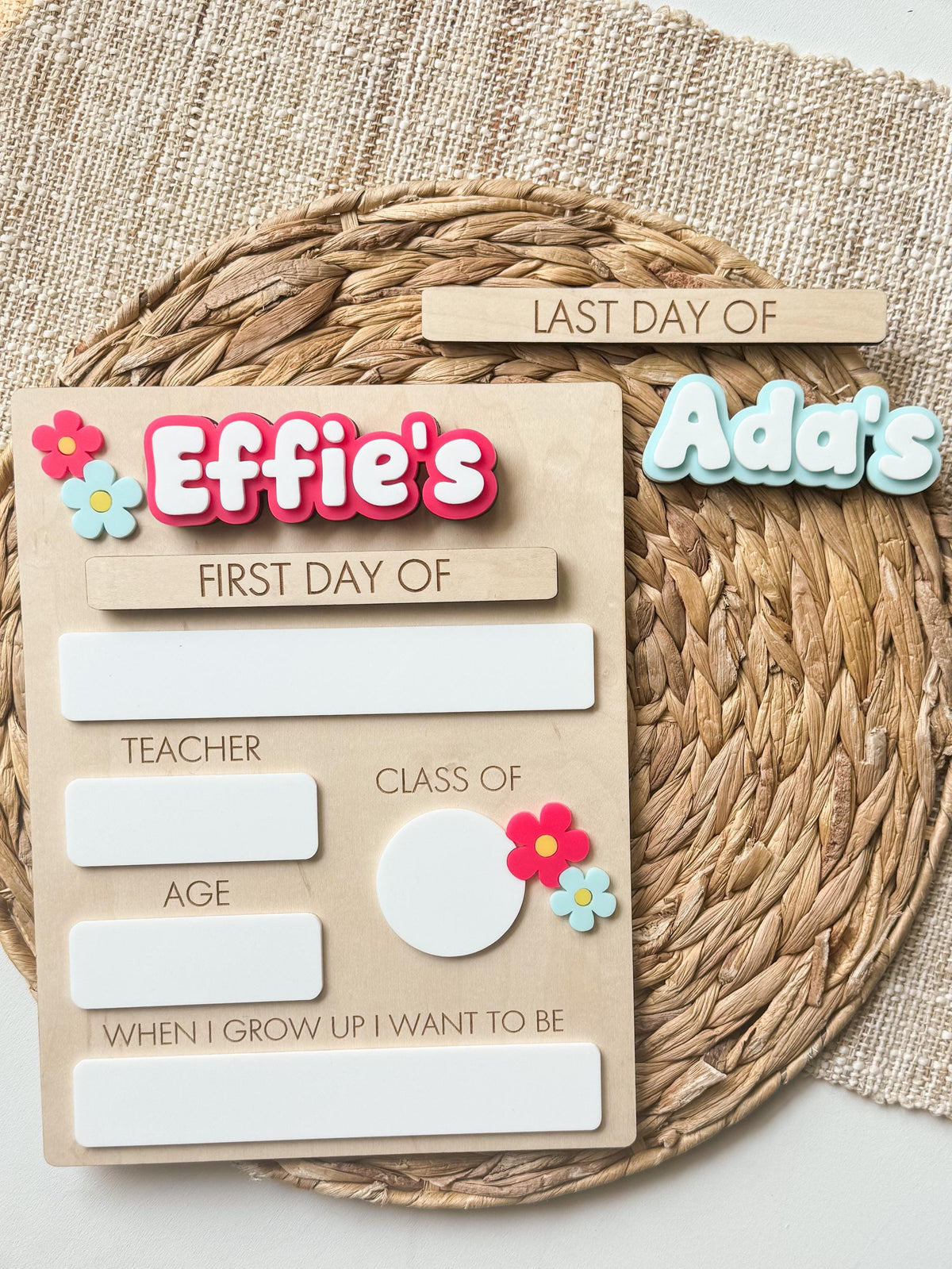 Back to school board displaying two interchangeable magnetic names for siblings using the same reusable sign.