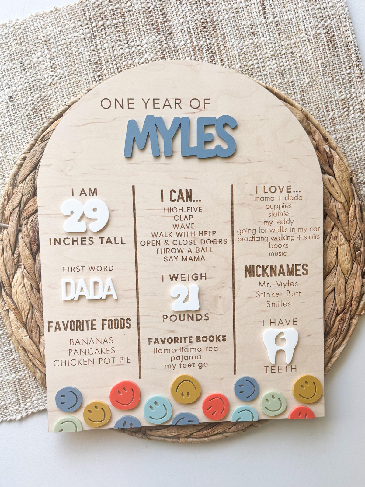 Modern baby stats keepsake board in natural maple wood with layered acrylic details, made for a first birthday party display and kept as a first-year keepsake