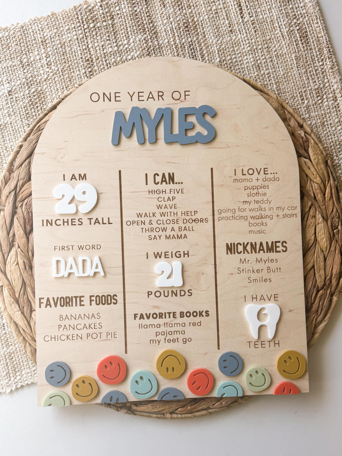 Personalized one year milestone board with engraved first-year stats and colorful smiley faces, ready to display on a birthday welcome or dessert table