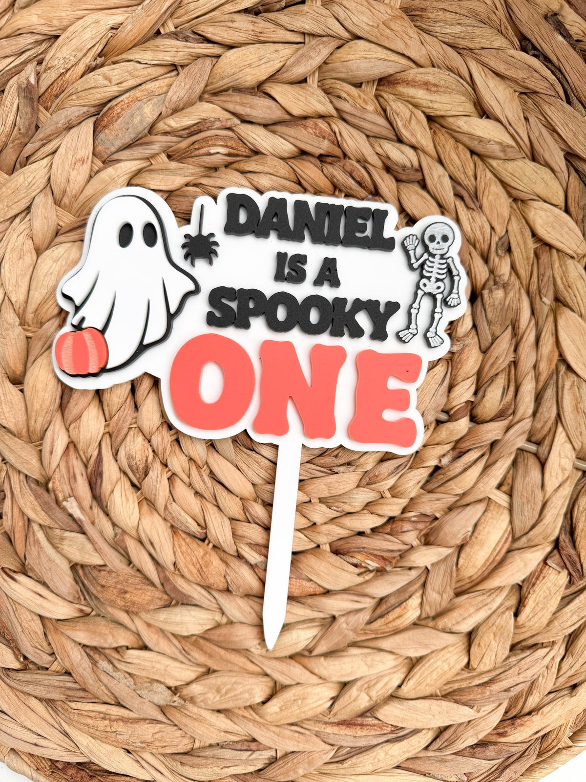 Spooky One first birthday cake topper for a little boo or ghost themed party, handmade from laser cut layered acrylic with a white cake stake.