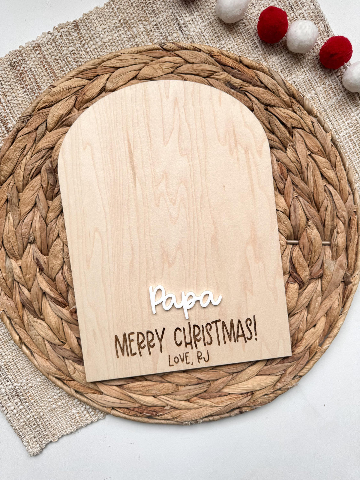 Papa handprint keepsake sign in maple wood with acrylic name and engraved Christmas message
