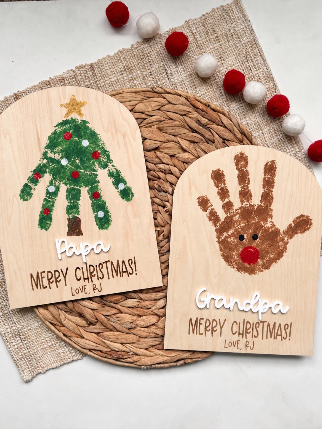 Christmas gift for grandpa, maple handprint signs with a handprint Christmas tree and reindeer for Papa and Grandpa
