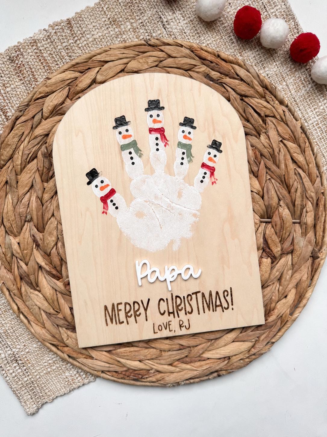 Snowman handprint Christmas sign for Papa, a personalized keepsake gift from the grandkids