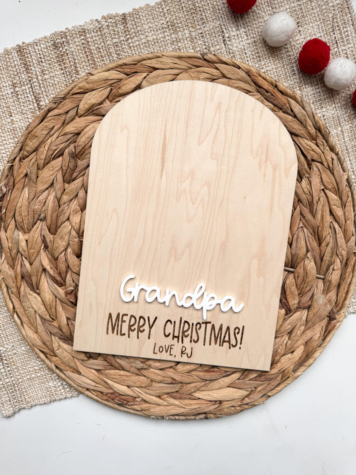 Blank Grandpa Christmas handprint sign with raised acrylic name on maple wood