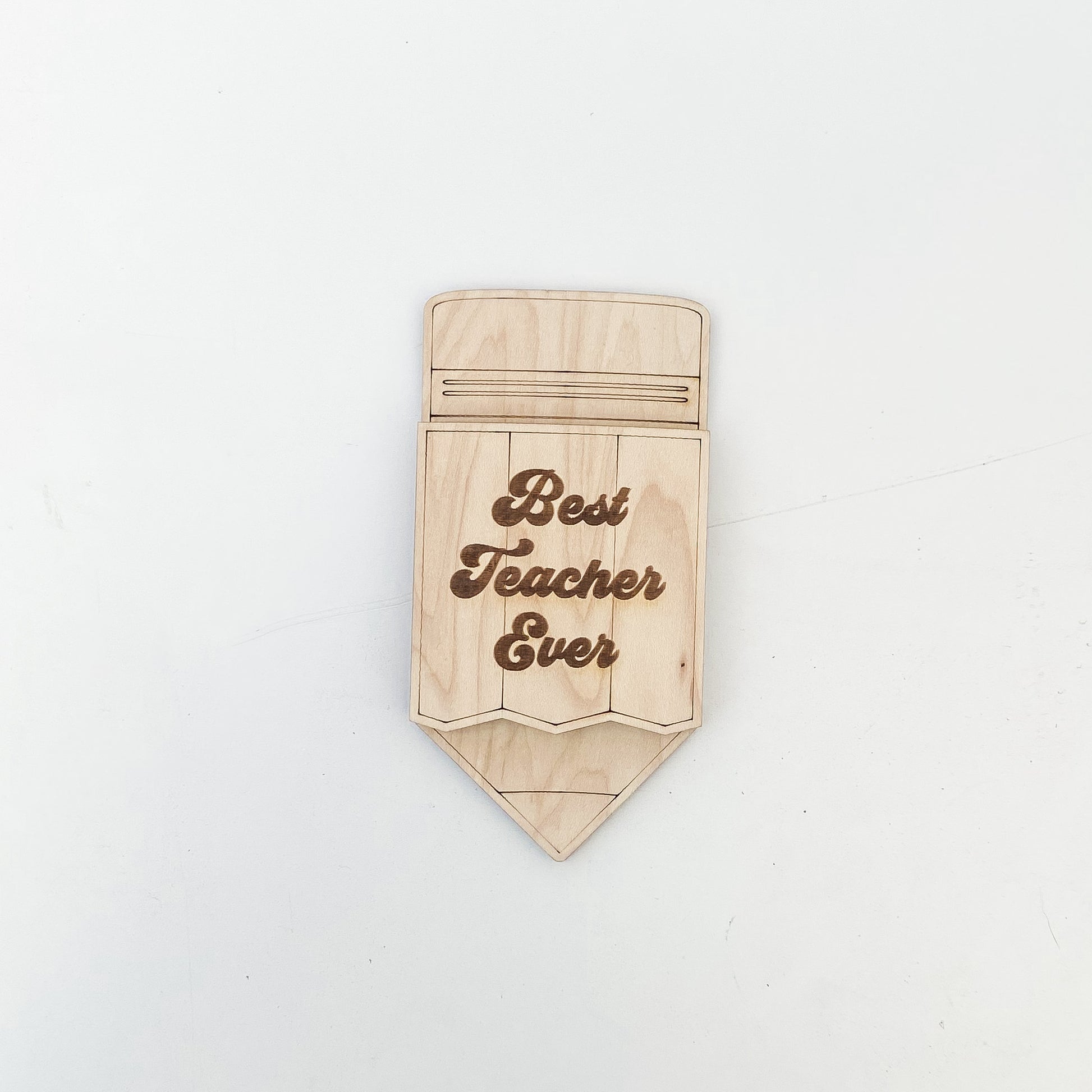 Teacher pencil gift card holder showing wood construction and gift card slot