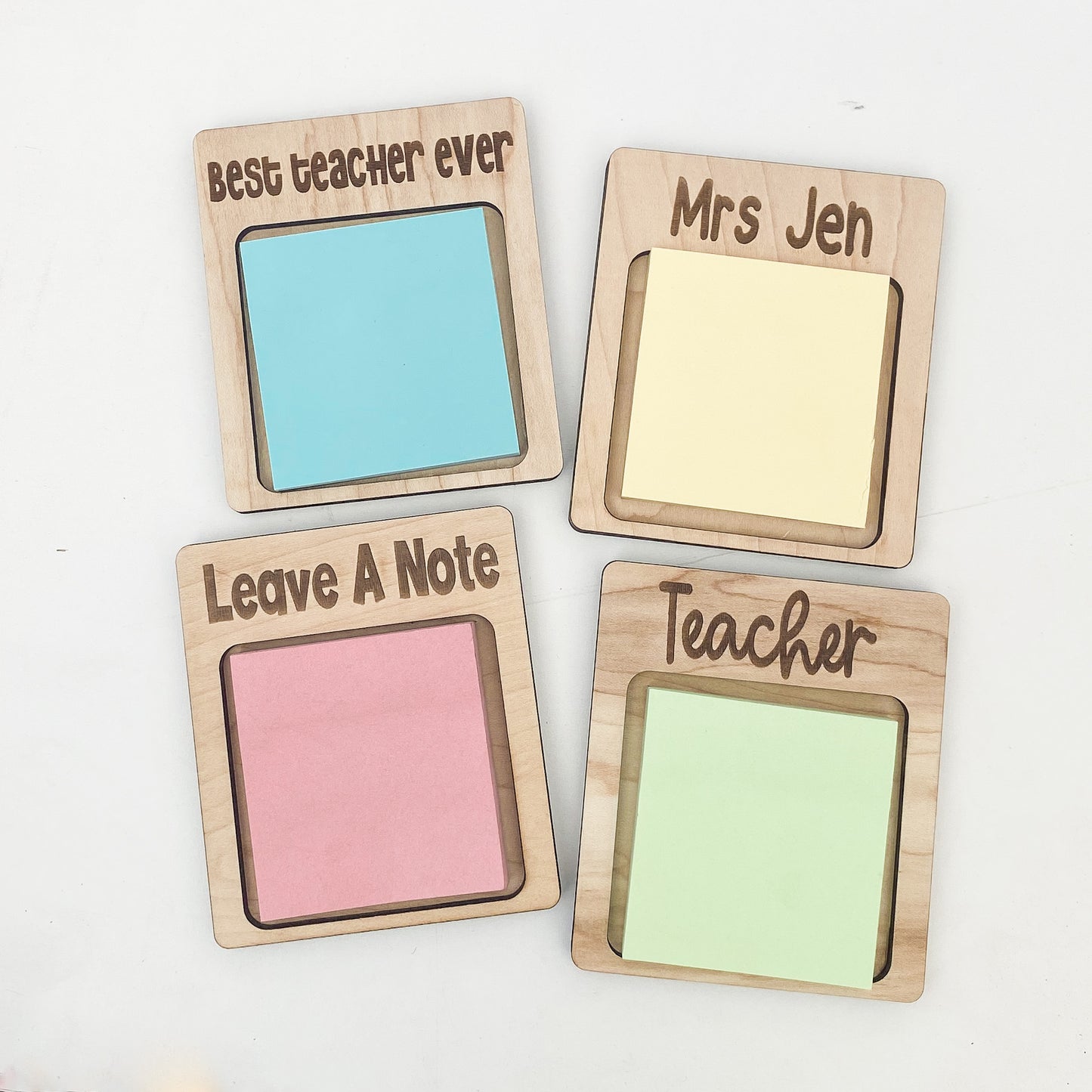 Teacher appreciation sticky note holder in maple wood, personalized teacher gift
