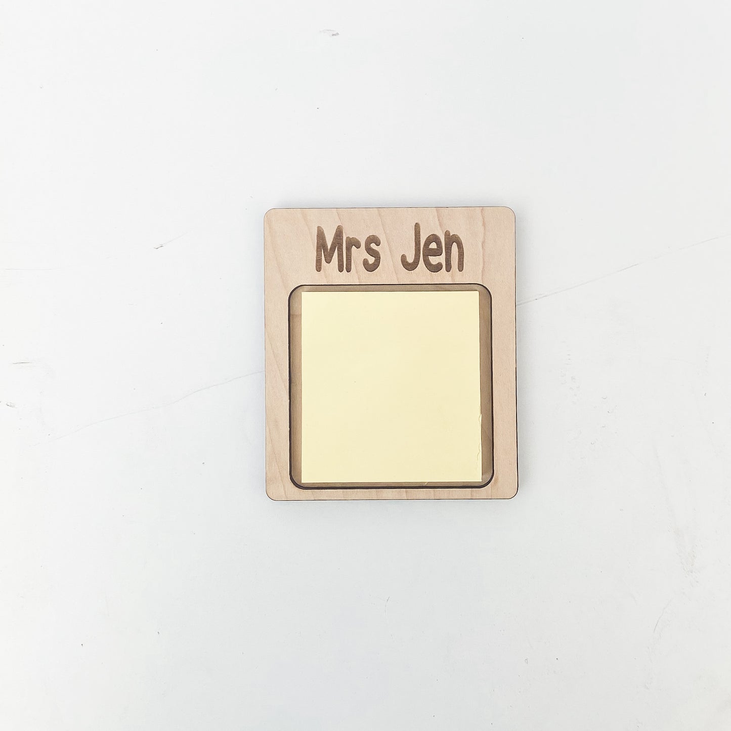 Close-up of personalized teacher appreciation note holder with custom name