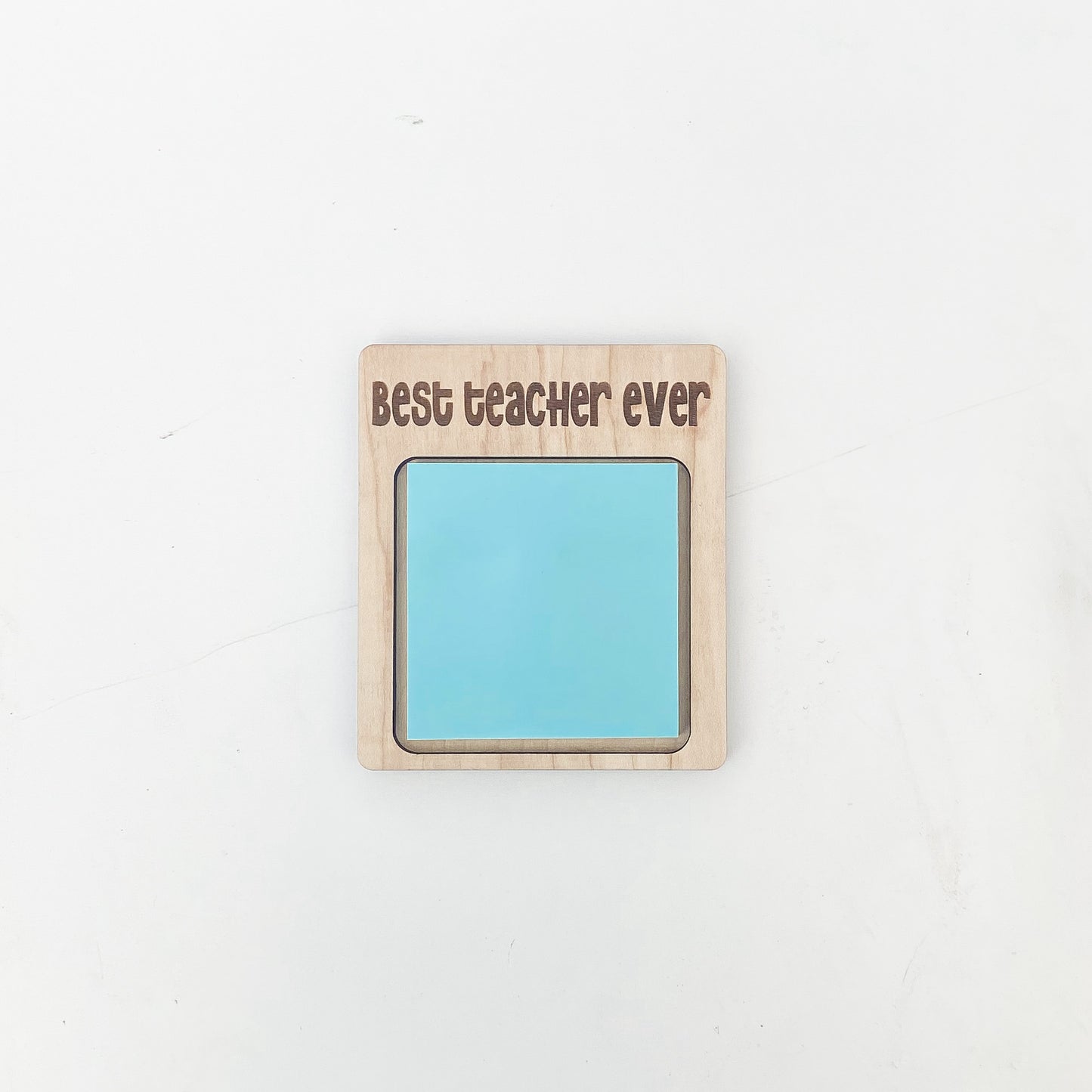 Teacher sticky note holder in maple wood with engraved name and appreciation message