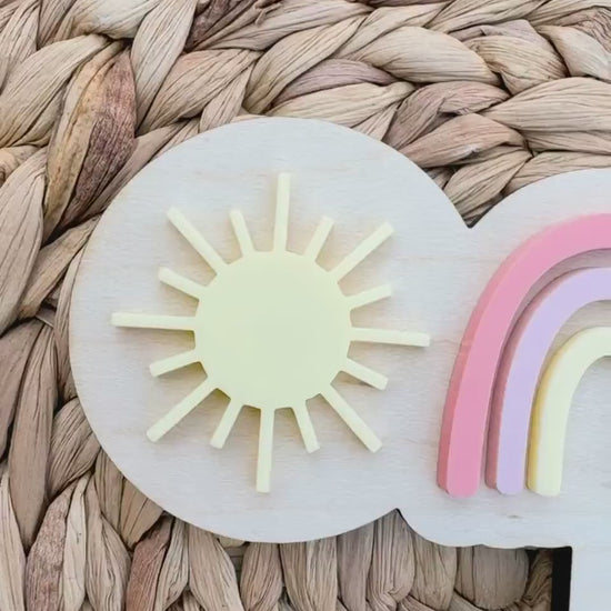 Rainbow First Birthday Cake Topper – Personalized Wood & Acrylic