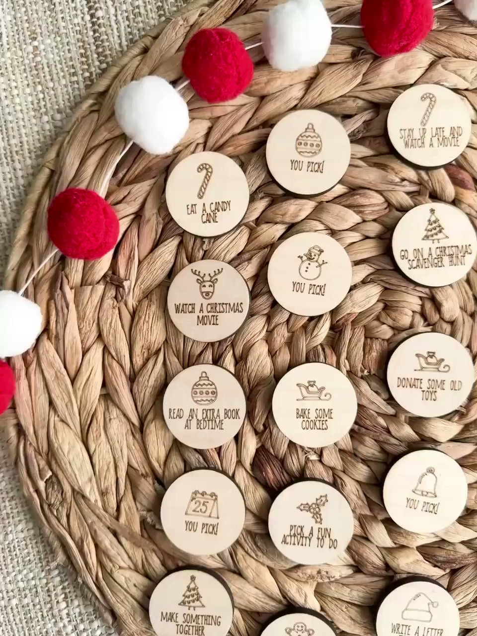 Christmas Activity Tokens | 25 Wooden Advent Calendar Coins | Reusable Family Countdown