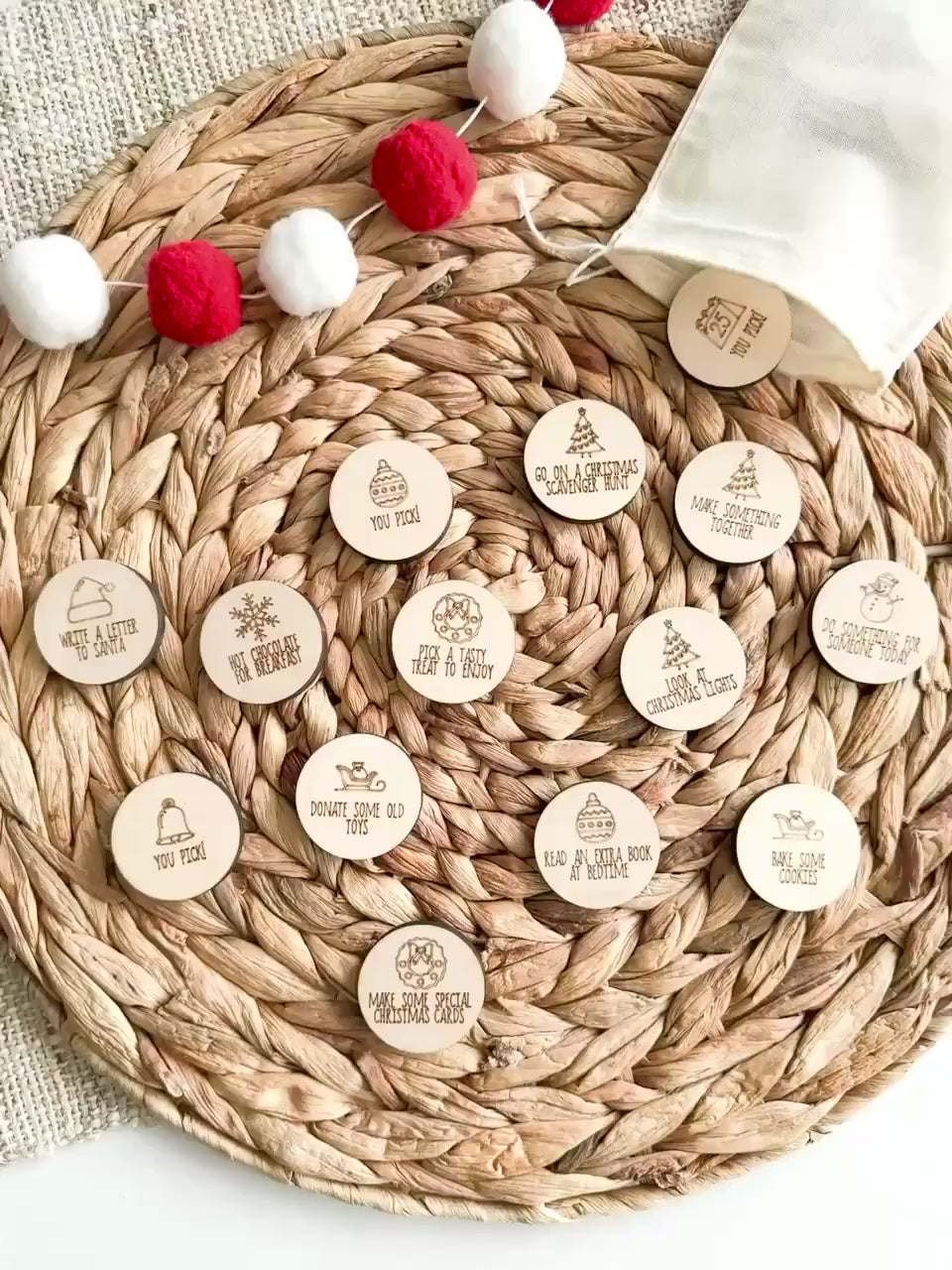 Christmas Activity Tokens | 25 Wooden Advent Calendar Coins | Reusable Family Countdown