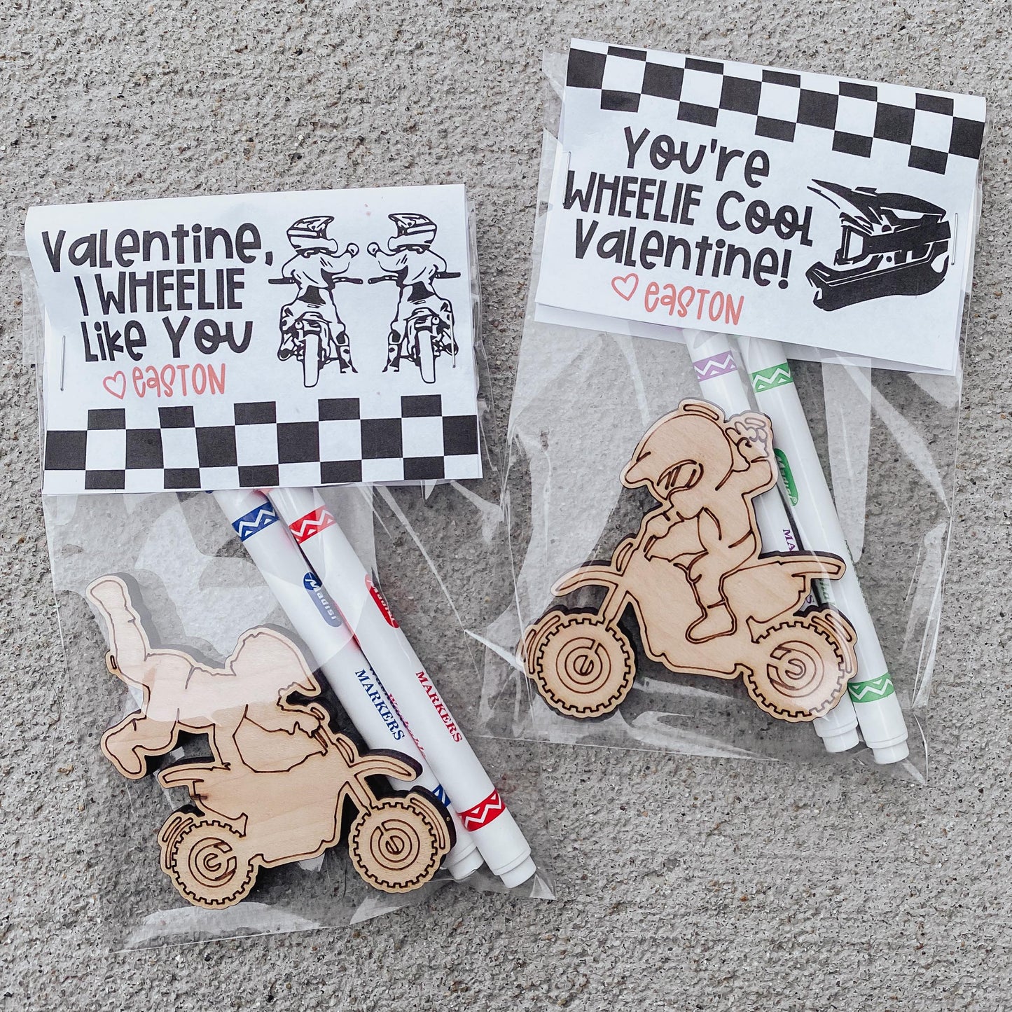 Dirt bike color-your-own Valentine card showing blank design ready to color