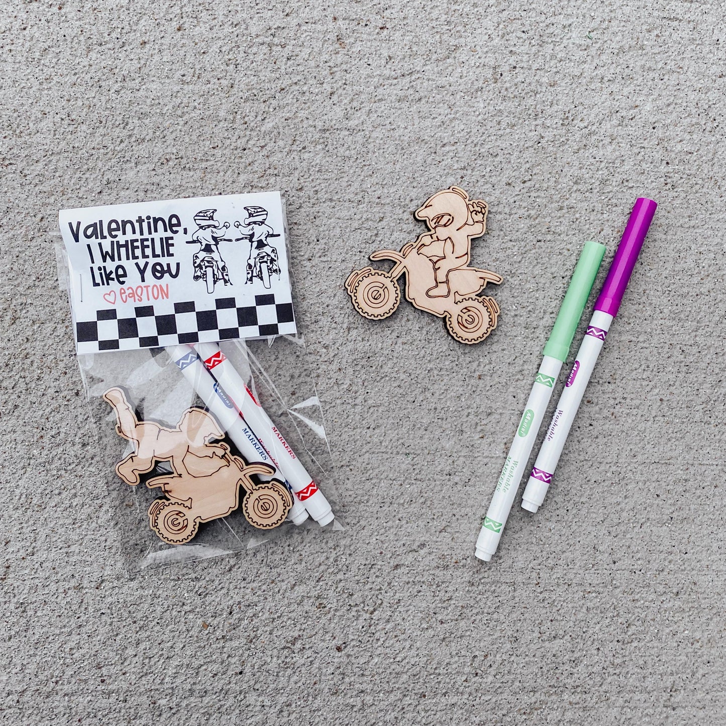 Color your own dirt bike Valentine cards for kids classroom exchange, non-candy motocross gift