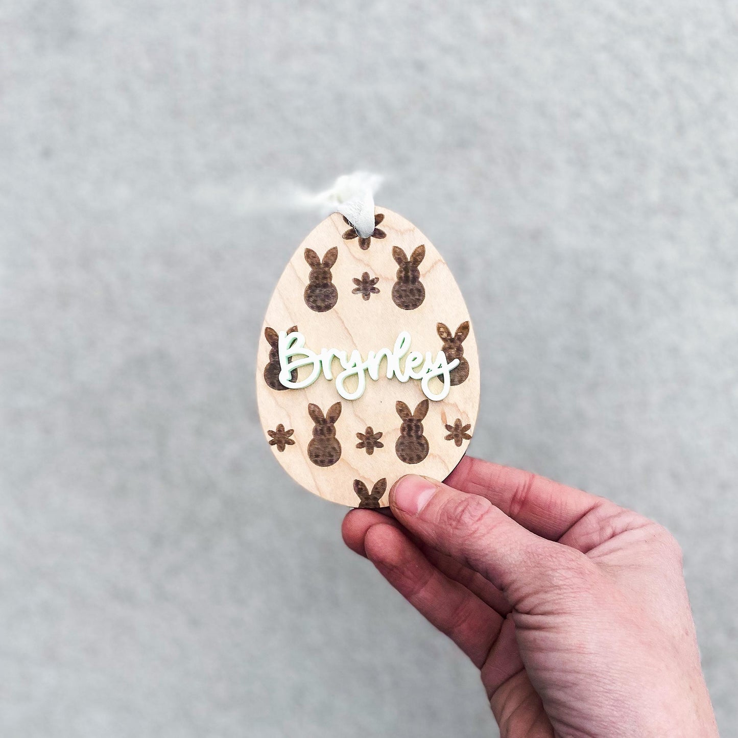 Personalized engraved Easter basket tag in maple wood with custom child's name
