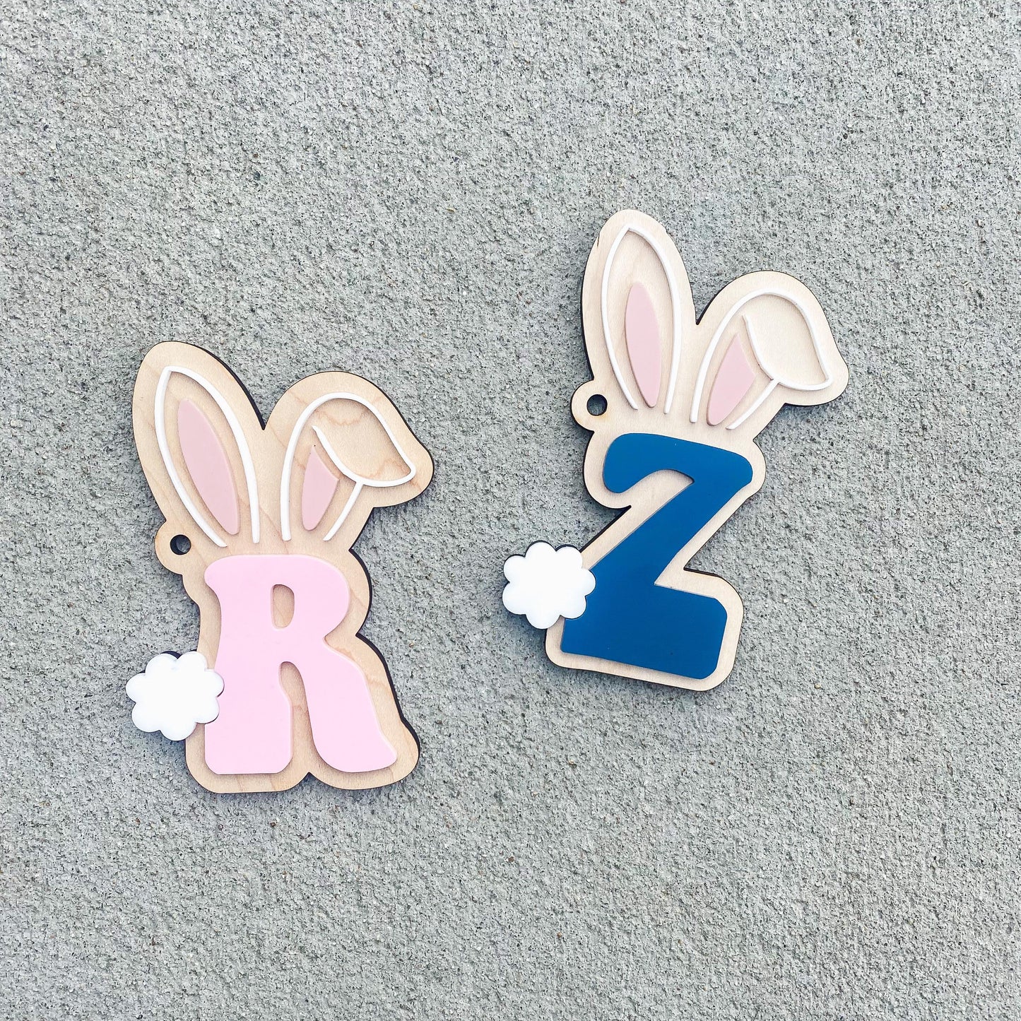 Personalized Easter bunny tag with initial in maple wood for kids baskets