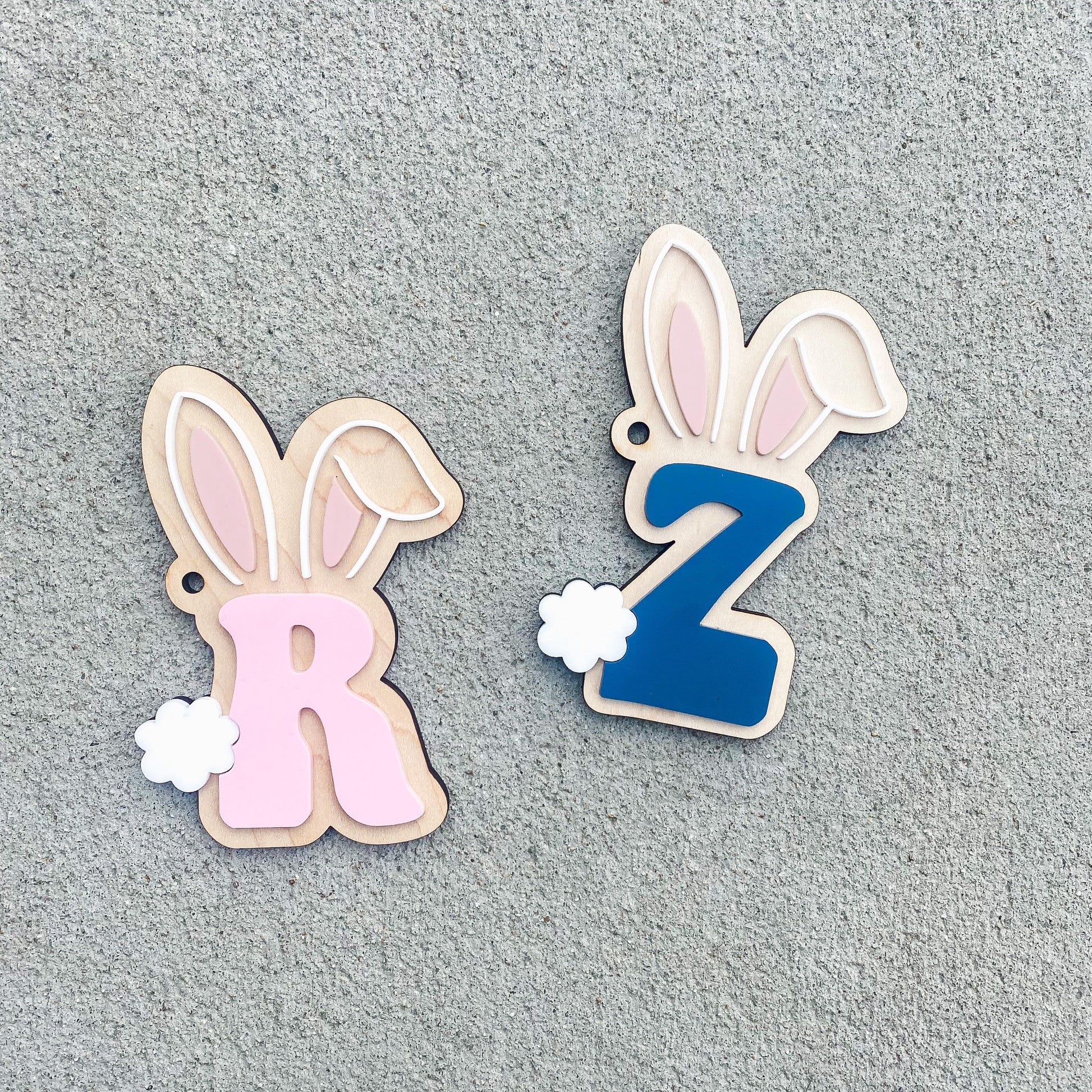 Personalized Easter bunny tag with initial in maple wood for kids baskets